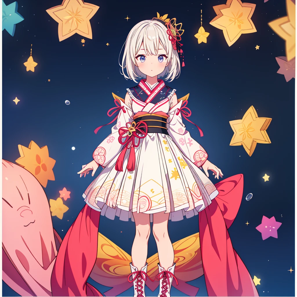 1girl、vtuber-fullbody、Star Fairy、Masterpiece、Official Art、Super detailed、super beautiful、かわいいStar Fairy、white straight short hair、Milky Way、universe、star charm、Star、Baby Face、Knee-high boots、Japanese pattern dress、A beautiful girl wearing black and white clothes that are a remake of a yukata.、universeを思わせるOiranフリルドレス、Oiran、Box Pleats Mini、