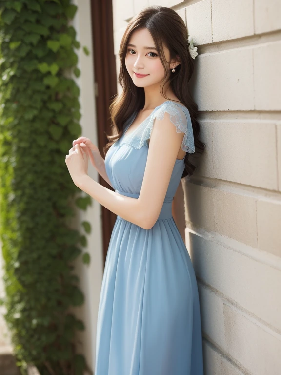 リアルな写真image quality、8kimage quality、Arafe woman in a blue dress leaning against a wall, romantic dress, Cute and elegant pose, In a dress, Cute Dresses, adorable and cute, Feminine girly dress, Sky blue dress, Cute and adorable, pale, Japanese female fashion model, Cute anime waifu in a nice dress, light green dress、Cute Smile、Beautiful Eyes、Sheer light grey short dresedium long brunette hair、Professional Lighting、Detailed and gentle realistic facial expression、22-year-old fashion model、Idol