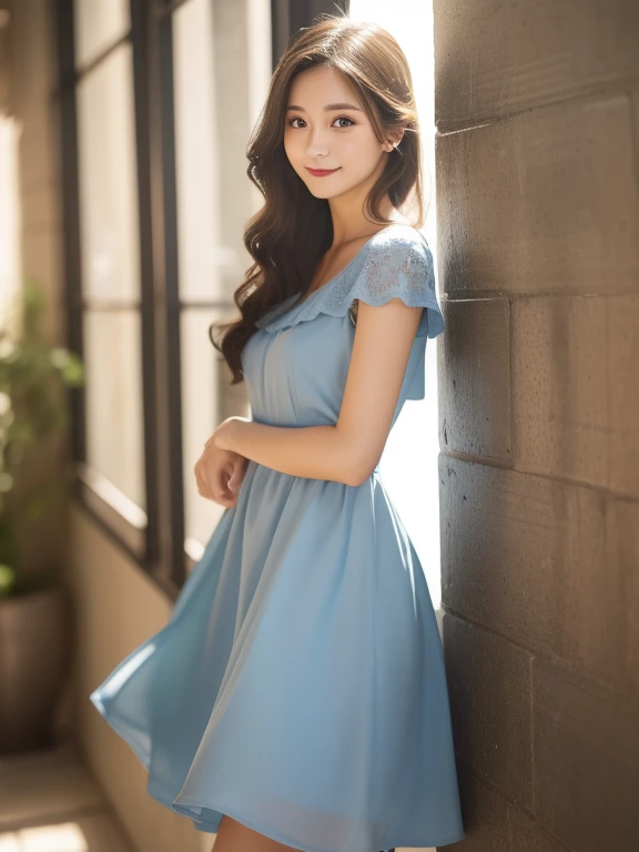 リアルな写真image quality、８ｋimage quality、Arafe woman in a blue dress leaning against a wall, romantic dress, Cute and elegant pose,  In a dress, Cute Dresses, adorable and cute, Feminine girly dress, Sky blue dress,  Cute and adorable, pale, Japanese female fashion model, Cute anime waifu in a nice dress, light green dress、Cute Smile、Beautiful Eyes、Sheer light grey short dresedium long brunette hair、Professional Lighting、Detailed and gentle realistic facial expression、22-year-old fashion model、Idol