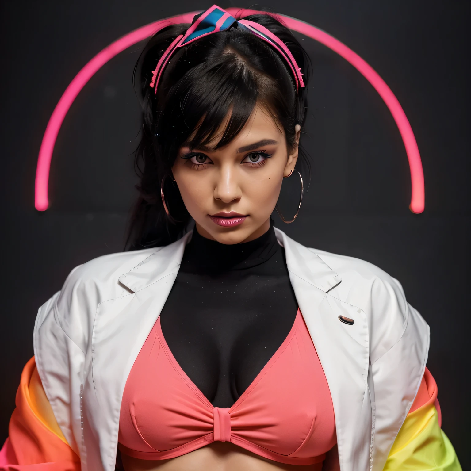 A beautiful hyperreal woman who represents Sailor Moon. Black hair, very big breasts, giant butt, tiny waist. Her face has Japanese anime features. Pigtails: she has long black hair that reaches approximately the middle of his back. Her distinctive hairstyle consists of two high, voluminous pigtails that extend up and out from the top of her head. Bows: At the base of each ponytail, she wears a large bow that keeps her hair in place. Bangs: She has short, blunt bangs that frame her face and curve to the sides. She wears a daring and provocative ensemble that challenges traditional notions of modesty and religious attire. The dress is crafted from sleek and form-fitting neoprene fabric, giving it a modern and edgy silhouette. The color palette is a striking contrast of neon hues, with vibrant shades of electric pink, lime green, and bright orange dominating the design. These bold colors are juxtaposed against stark white panels, creating a visually arresting look that demands attention. The dress features unconventional cutouts and asymmetrical details, revealing flashes of skin in unexpected places. Neon piping and stitching add to the avant-garde aesthetic, highlighting the contours of the garment and adding a touch of futuristic flair. She wears statement accessories that add to the irreverent and boundary-pushing vibe. A neon halo headpiece sits atop her head, adorned with glowing LED lights that cast an ethereal glow around her. Chunky neon bracelets and oversized crucifix earrings add to the subversive aesthetic. For makeup, she opts for a bold and dramatic look, with eyes adorned in neon eyeshadow and graphic eyeliner. Her lips are painted a vibrant shade of electric blue or neon purple, adding a pop of color to her visage. This outfit is meant to be worn in a bold and avant-garde setting, such as a high-fashion runway show or a cutting-edge art installation. It challenges societal norms and expectations. She laughs hard.