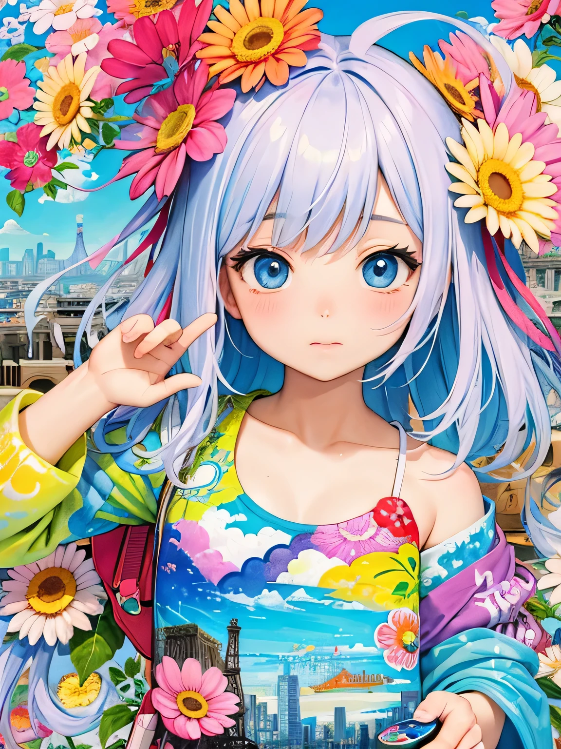 8K quality, Takashi murakami stylw, kawaii design, intense watercolor, watercolor detailed art, watercolor splash, surreal, avant-garde pop art, Beautiful and expressive paintings, Beautiful artwork illustration, very colorful tones, wonderful, cool beauty, highest quality,official art, vector art,stylish design, (((cute girl))), (((highest quality))), HDR, ((Detailed details)), (((graffiti art))), ((masterpiece))、((Super detailed))、(((colorful flowers)))、(((Paris cityscape)))