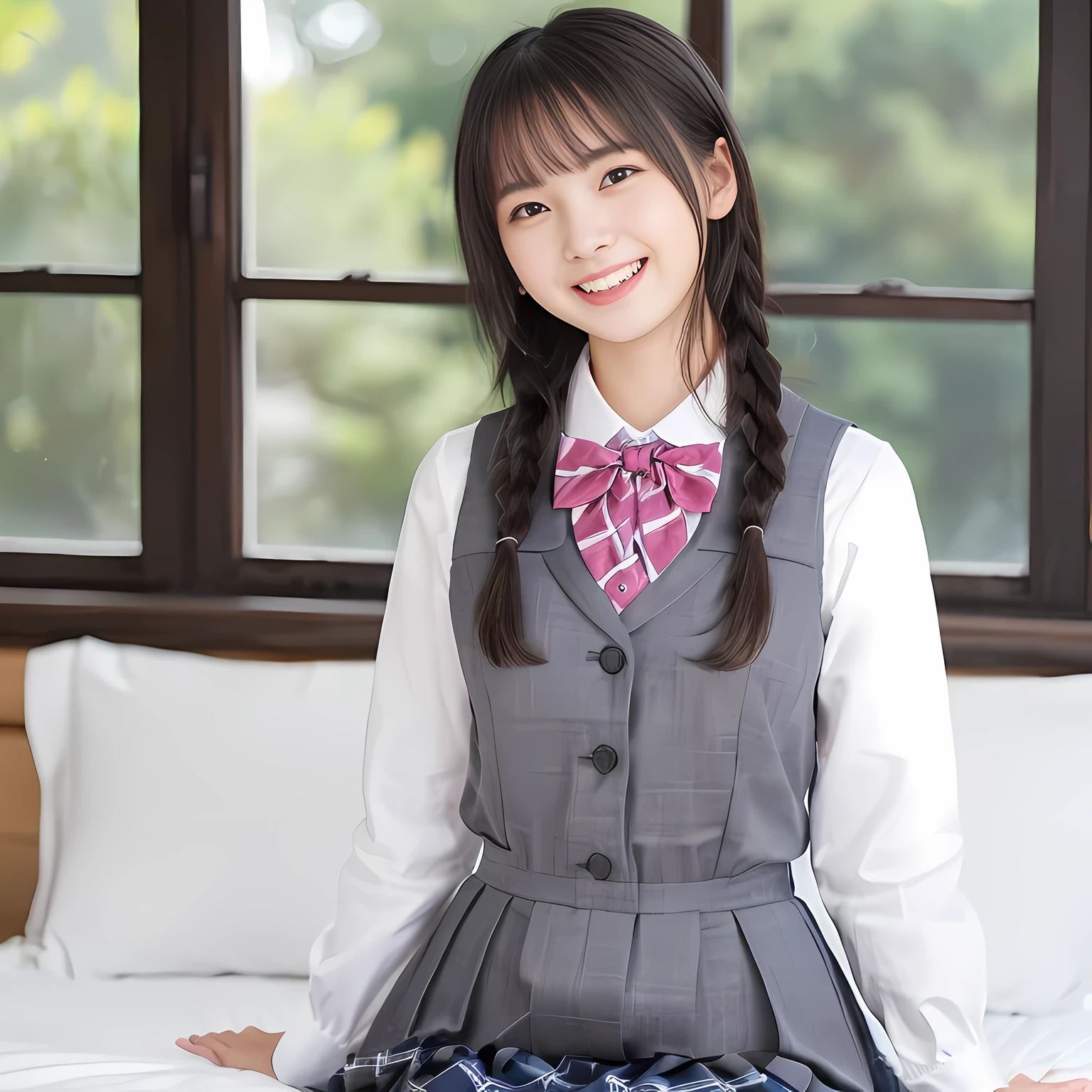 (highest quality、masterpiece:1.2)、highest quality、Realistic、photograph、High resolution、1080p、8K、Fair skin, especially face, Physical Rendering、((Height: 155cm)), one Japanese girl、(((((( beautiful Japanese fashion model)))))), school summer uniform, ((((A beautiful girl in a deep window turns to the side and looks at the viewer)))), (((big very detailed beautiful dark brown eyes))), ((((impressive plain navy large school ribbon bow tie)))), ((((black very beautiful and very very long braids)))), ((((cute gray box-pleated skirt)))), ((A gray school vest)), ((ivory blouse with puffed short sleeves)), (((((((laughing at me!))))))), Mouth open, detailed fingers, ((curled bangs)), ((Very large and very very very cute eyes of a Japanese girl, drawn with great care and attention to detail.)), double eyelids, Thin eyebrows, ((drooping eyes)), (((very long eyelashes))), ((cute lovely lovely laughing laughing cheeks)), ((Pure white light hits her face from above and in the front, making her skin and eyes shine beautifully.)), ((Strong light hits the nose and cheeks、It brings out the richness of the expression.)), (((((Her facial features are very expressive lovely smile, very very pure, very very intelligent.))))), ((((On the bed)))), (((Shooting from the side)))