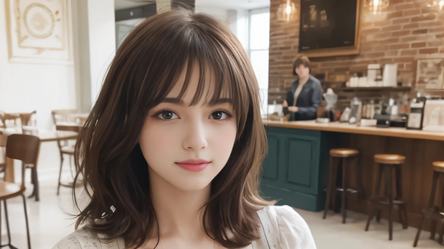 (masterpiece、highest quality、Realistic、High resolution、photograph、:1.3)、Close-up shot、Sharp focus、30 year old mature woman、Small face、No makeup、Beautiful eyes in every detail、bangs、Dark brown hair、Shortcuts、(Realistic Skin)、Beautiful Skin、Charm、超High resolution、Ultra-realistic、High resolution、spring outfit, neat clothes,middle shake、Small breasts、Bust B cup、Small breasts、Cool Beauty、Background of the café、Photographed inside the cafe