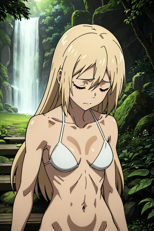 A tanned-skinned anime girl lies despondently on the ground, her hand cradling her abdomen in agony. Her fabric revealing the faint outlines of her ribs. Long sun-kissed locks cascade around her face, concealing it from view. Her despairing expression, etched with lines of hunger and suffering, speaks of a life devoid of sustenance. The sunlight filters through the foliage above, bathing her emaciated figure in a warm, golden glow that accentuates the definition of her bones. The bikini top clings to her body, leaving little to the imagination, she lying down on the forest floor with her eyes closed in immense pain and suffering from hunger