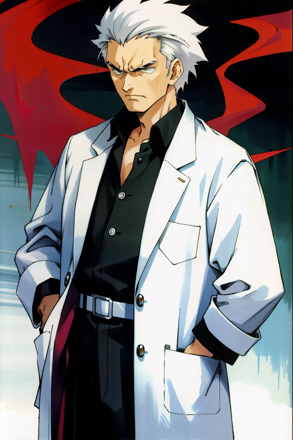 by Ken Sugimori, sugimori 1990s, ((only 1man)), older man, scientist, scowling, white labcoat, laboratory in background ((hands behind their back)), full black pupils, manga, best quality, highly detailed, clean lines, cowboy shot, good hands, good eyes, hd, 8k, professional, symmetrical, hires, 8k,