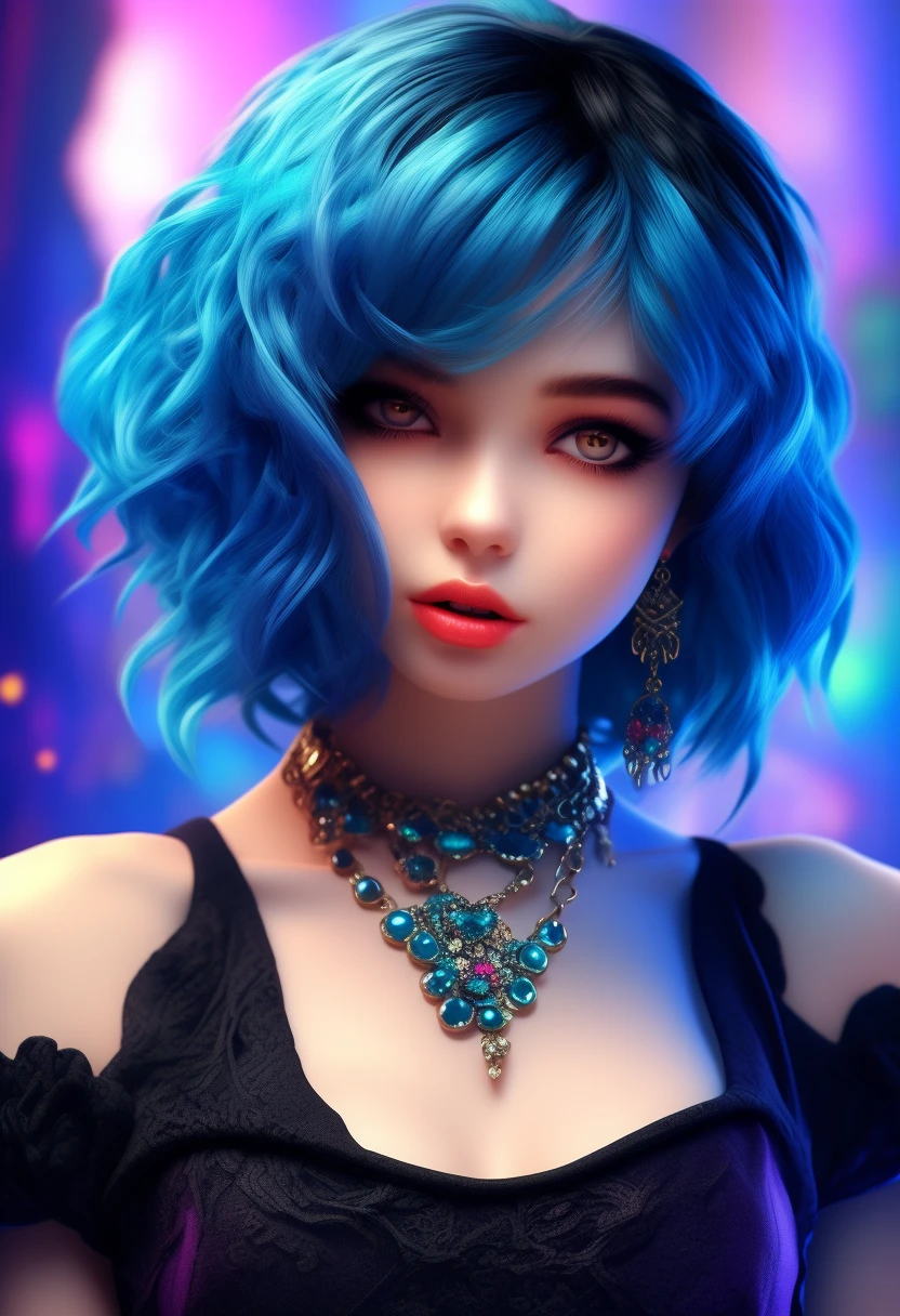 accessories, Blue Hair/Light blue hair, chest, Character profile, far and near method, 3D Rendering,