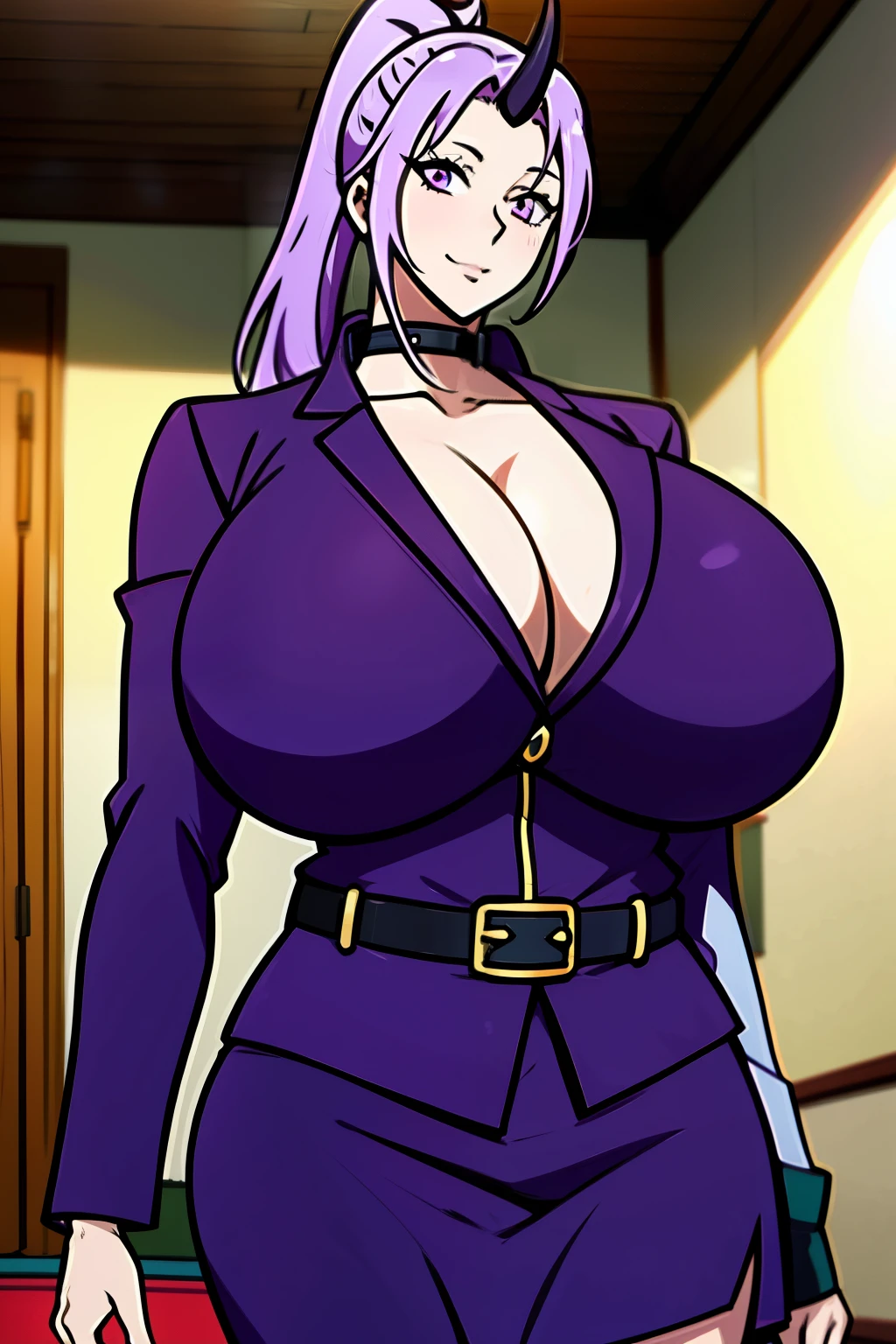 An anime-style artwork depicting shion from the anime tensei shittara slime datta.
Tags: shion, anime, detailed eyes, detailed lips, belt, belt buckle, black belt, buckle, cleavage, collarbone, jacket, long sleeves, office lady, pants, purple jacket, purple mini skirt, wing collar, green collar,, smiling expression, intense gaze, dynamic pose, indoor, palace, vibrant colors, digital art, high-resolution, professional quality, gigantic breasts, (underboob : 1.4), curvy, cowboy shot, (gigantic breasts: 1.4), shion, black horns, hair intakes, horns, long hair, oni, oni girl, oni horn, oni horns, ponytail, (purple eyes:1.1), purple hair, single horn, black horns, hair intakes, horns, long hair, oni, oni girl, oni horn, oni horns, ponytail, (purple eyes:1.1), purple hair, single horn,