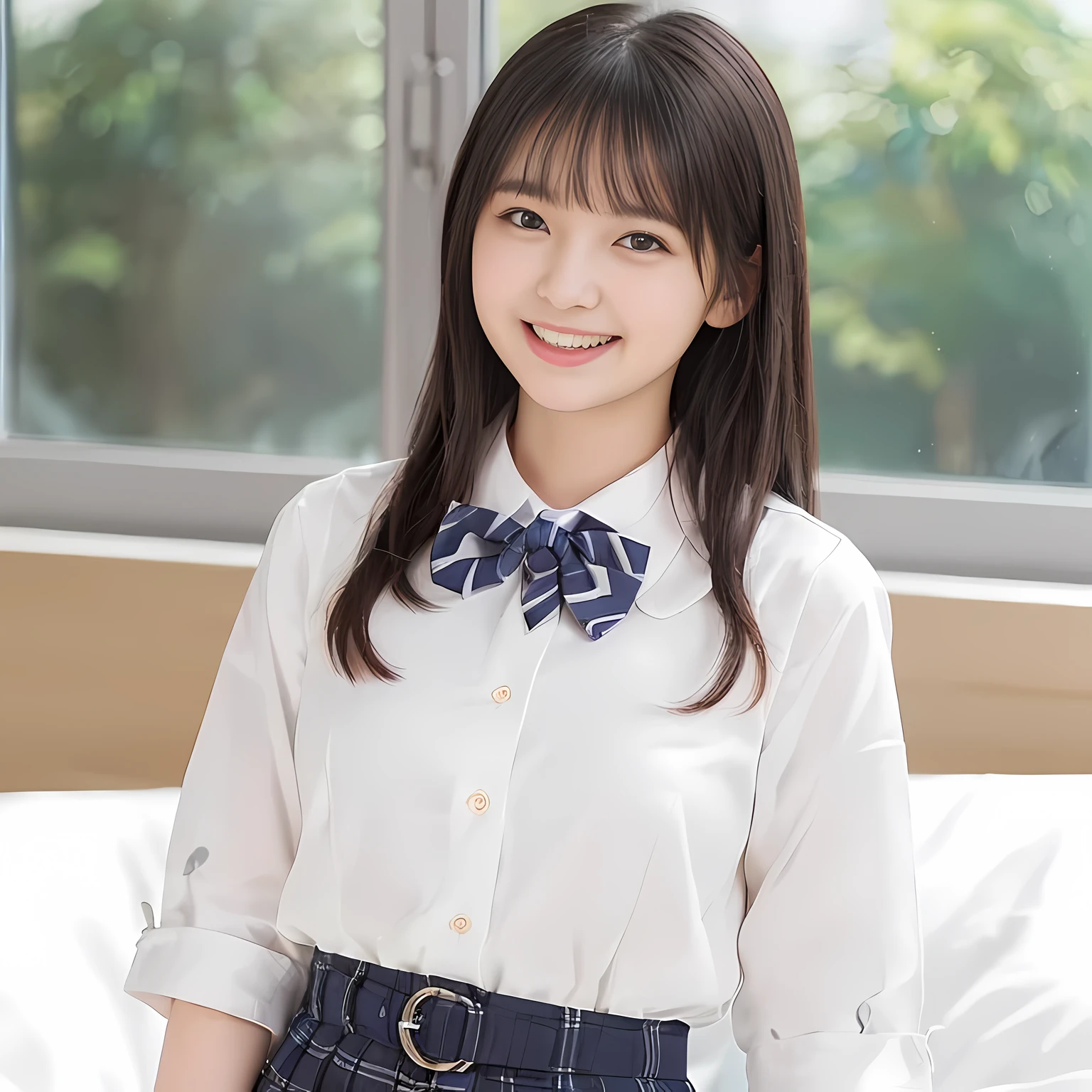 (highest quality、masterpiece:1.2)、highest quality、Realistic、photograph、High resolution、1080p、8K、Fair skin, especially face, Physical Rendering、((Height: 155cm)), one Japanese girl、(((((( beautiful Japanese fashion model)))))), school summer uniform, ((((A beautiful girl in a deep window turns to the side and looks at the viewer)))), (((big very detailed beautiful dark brown eyes))), ((((impressive plain navy large school ribbon bow tie)))), ((((black very beautiful and very very long braids)))), ((((cute gray box-pleated skirt)))), ((A gray school vest)), ((ivory blouse with puffed short sleeves)), (((((((laughing at me!))))))), Mouth open, detailed fingers, ((curled bangs)), ((Very large and very very very cute eyes of a Japanese girl, drawn with great care and attention to detail.)), double eyelids, Thin eyebrows, ((drooping eyes)), (((very long eyelashes))), ((cute lovely lovely laughing laughing cheeks)), ((Pure white light hits her face from above and in the front, making her skin and eyes shine beautifully.)), ((Strong light hits the nose and cheeks、It brings out the richness of the expression.)), (((((Her facial features are very expressive lovely smile, very very pure, very very intelligent.))))), ((((On the bed)))), (((Shooting from the side)))