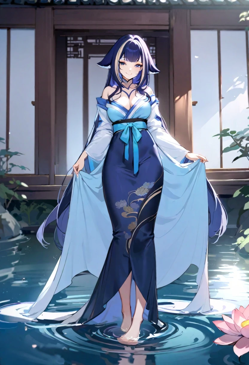 ((shylily/(Twich/))),(masterpiece:1.2),(best quality:1.2),, (1girl:1.3), shuimobysim, traditional chinese ink painting, lotus, hanfu, maxiskit, dress conservatively, smile, standing, feet in the water, barefoot,