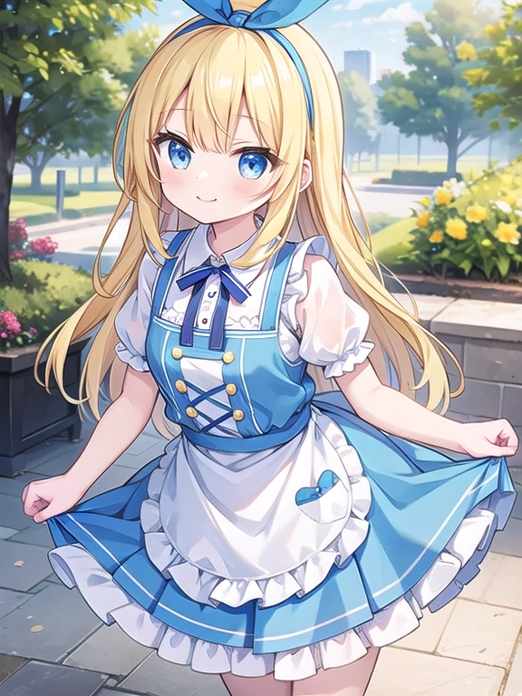 One girl, dress, yellow hair, Alice (Alice in wonderland), alone, apron, Short sleeve, blue dress, Blonde, bangs, puffy Short sleeve, white apron, smile, Aliceワンダーランドワイフ, Blonde, blue eyes, Long Hair, Blue Hairband, Ribbon Hairband