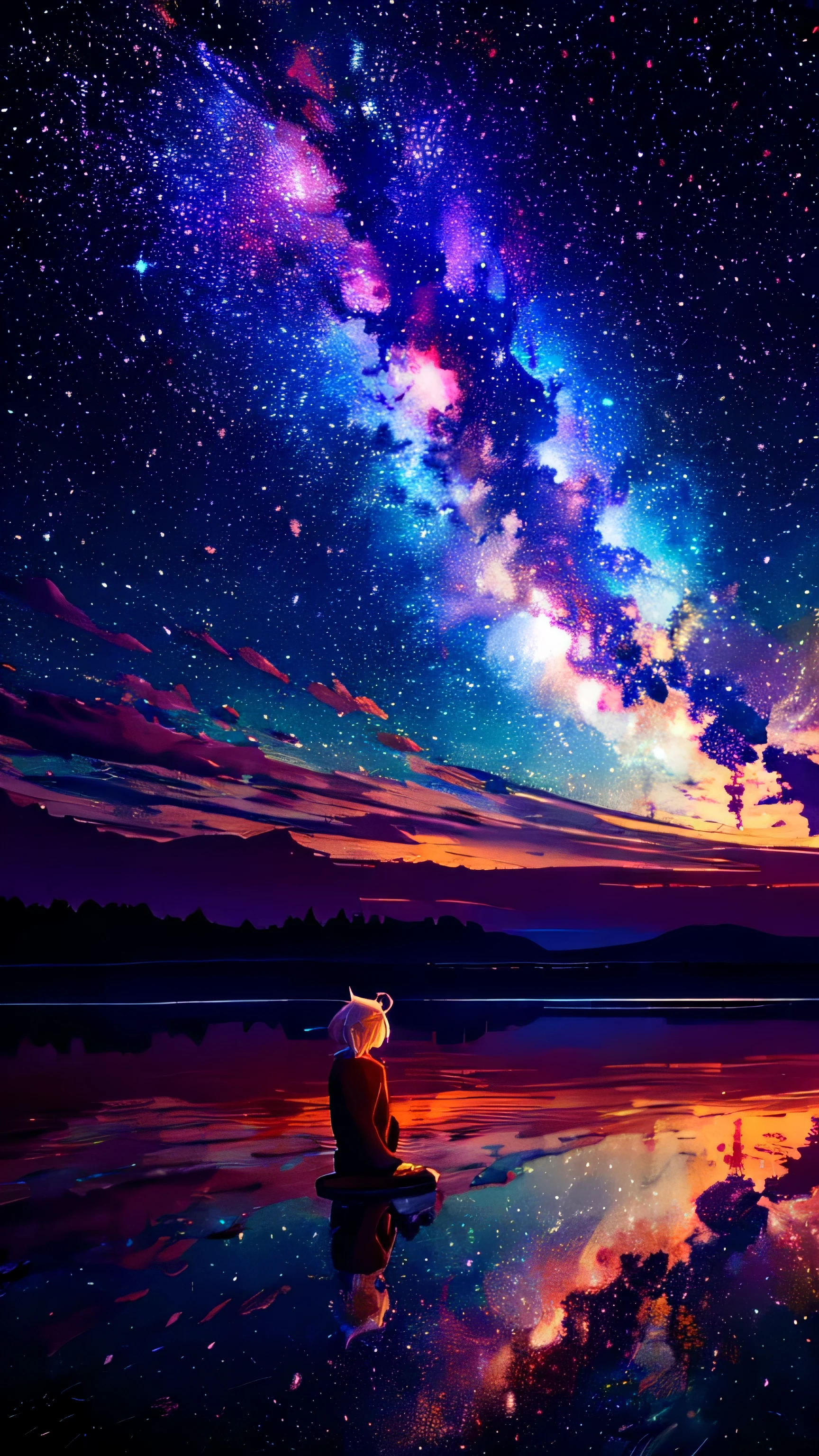 masterpiece, highest quality, Octane, null, star (null), scenery, starry null, night, night null, alone, Sitting, Outdoor, cloud, milky way, reflection, RTTX 10.0, Cityscape, Techwear Jacket, avert your eyes, One girl, Red eyes, striped white hair, mature, Long, messy ponytail,