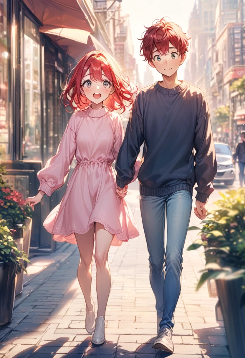 couple, young girl(red hair, freckles, big eyes, shy, pink dress), young boy(sweater, jeans), boy holding girl's hand, walking together, outdoors, city background, happy, sunny, pastel color