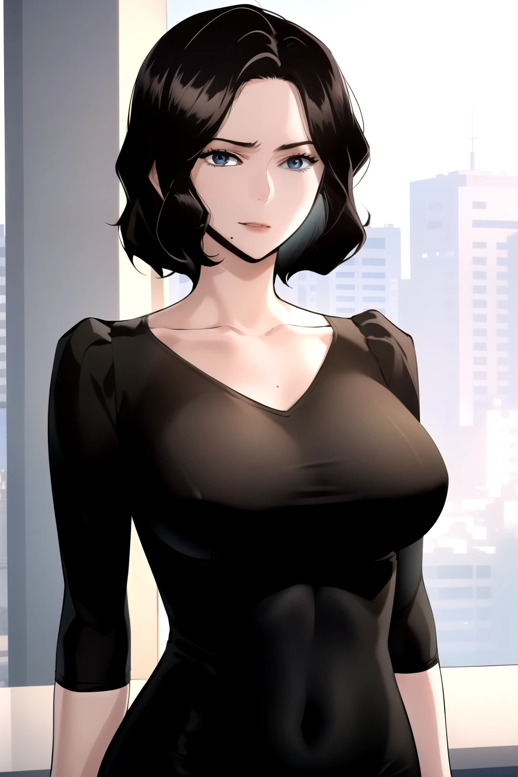 masterpiece, best quality, absurdres, perfect anatomy, beautiful background, beautiful face, beautiful eyes, beautiful body, upper body, shinjiye, 1girl, solo, looking at viewer, happy, short hair, large breasts, black hair, sitting, collarbone, upper body, mole, lips, tight clothing, mole under mouth, black clothes, Leaning with back against an invisible wall,  