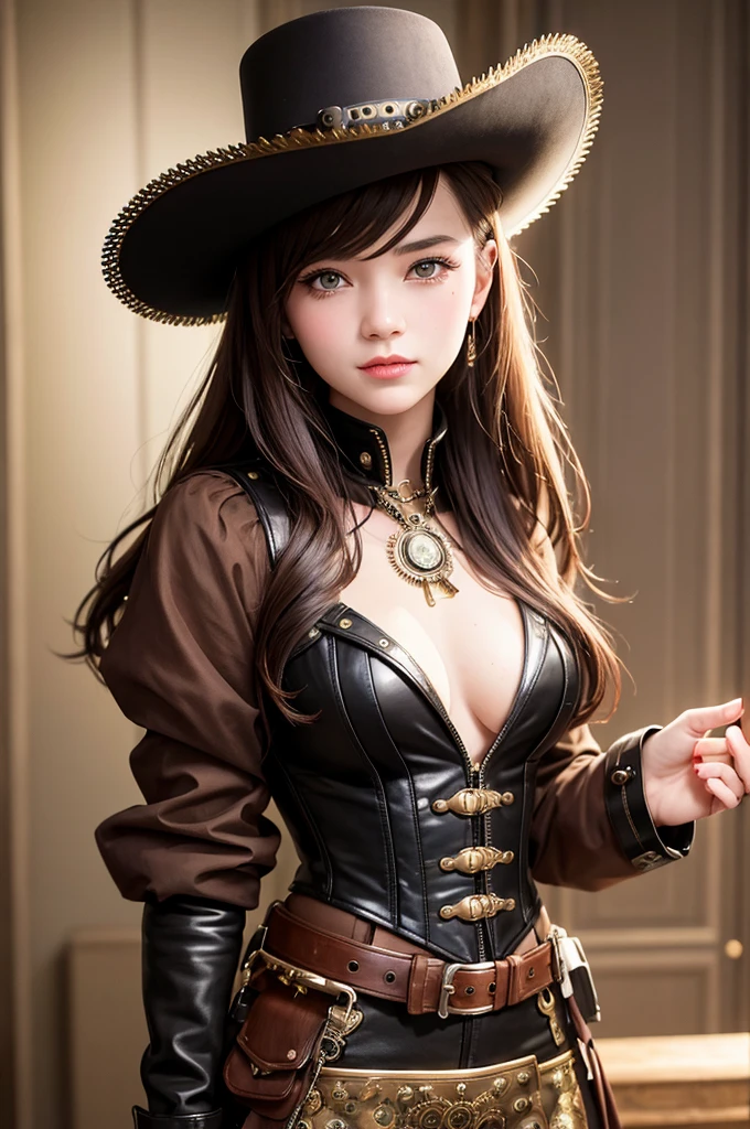 (masterpiece, best quality:1.1),
(8k, best quality, masterpiece, ultra highres, ultra-detailed:1.2),a girl,cute,17yo,steampunk fashion,gothic Steampunk hat,goggle,corset jumper skirt(brown),platform cowboy boots, eyes with large brown irises,small mouth, smile,holds a steampunk pistol next to his face,combine Western elements with advanced technology,steam technology, (steampunk),Late 19th century American West,beautiful lighting, volumetric lighting, dynamic angle, looking at viewer, (photographic portrait), sharp,