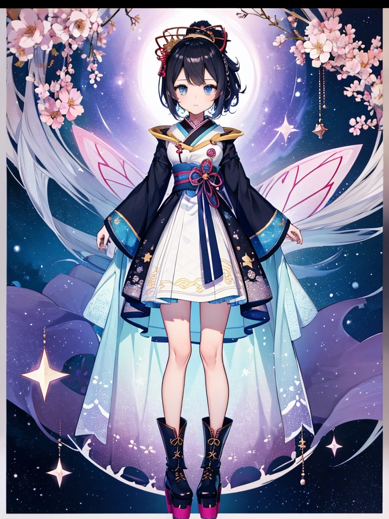 1girl、vtuber-fullbody、8K、Star Fairy、Masterpiece、Official Art、Super detailed、super beautiful、かわいいStar Fairy、white straight short hair、Milky Way、universe、star charm、Star、、Knee-high boots、Japanese pattern dress、浴衣をリメイクした黒と紺色のuniverseを思わせるOiranフリルドレス、universeを思わせるOiranフリルドレス、Oiran