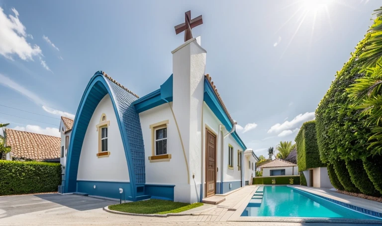 (1neoclassic house, The house is made from white walls and some walls are painted bright blue)), beautyful light, beautyfulday, sunny, Many grass bougainvilleas along the road:1.3, lovely youthful feeling :1.2, sunlight at 12 noon, Very beautiful shadows