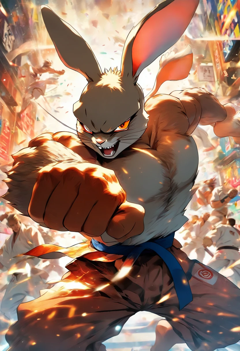 A huge, muscular rabbit、Eye patch、Judo、Throw a punch、Dynamic Movement