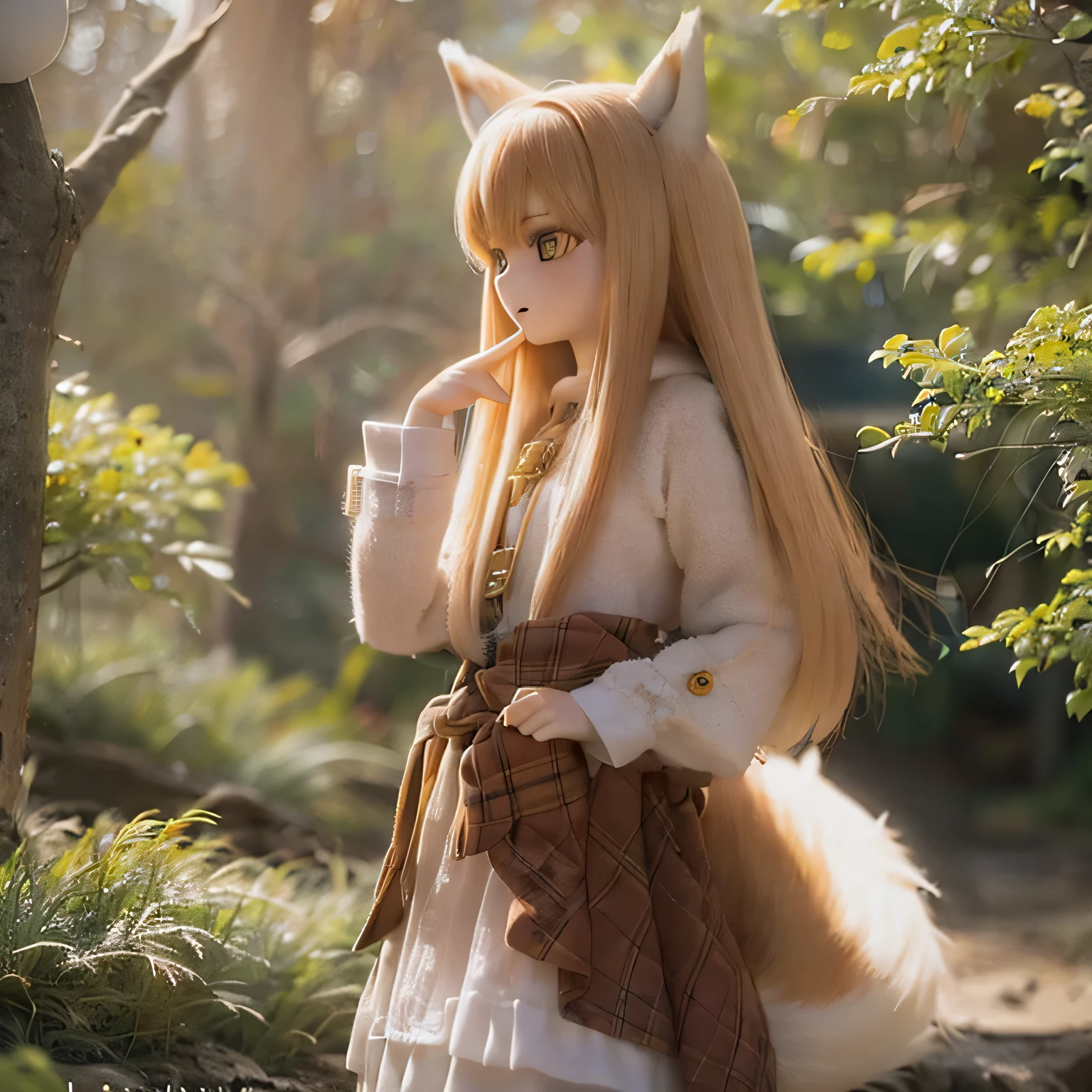 highest quality,4K,8k,High resolution,masterpiece:1.2,Very detailed,Realistic:1.37 (landscape, Fantasy),Wolf Girl or Holo (anime「Spice with wolves」Than),nude,Beautiful fine details,beautiful lip detail,Long eyelashes,Pointed wolf ears,long flowing hair,loose fitting dress,wood々Standing in a quiet forest surrounded by,evening,Wood,Foggy atmosphere,Majestic mountain in the distance々,Warm and soft color palette,Golden sunlight bathing in the scene,Subtle shadows and highlights add depth,Fantastic lighting,Subtle bokeh effect creates a fantastical atmosphere　naked