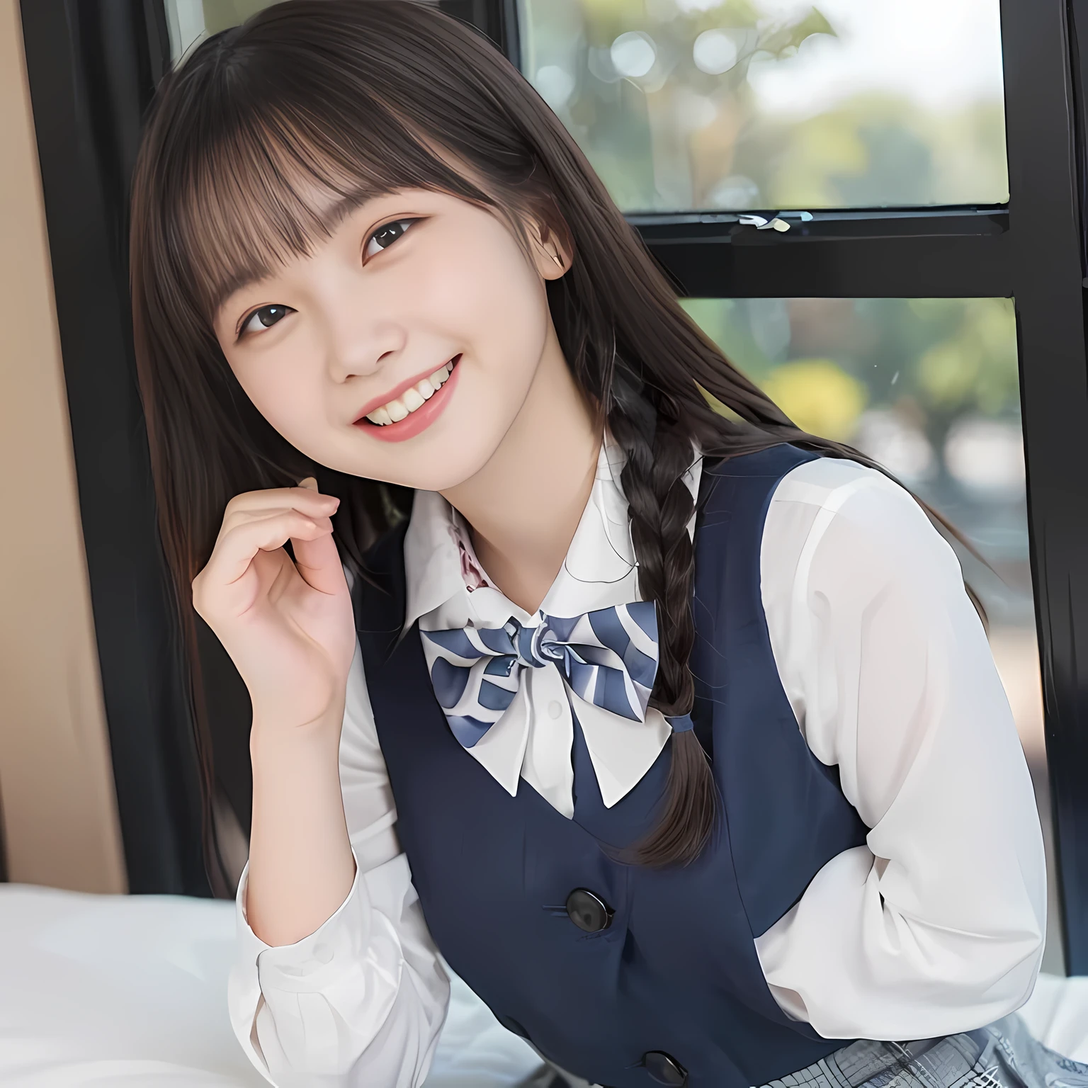 (highest quality、masterpiece:1.2)、highest quality、Realistic、photograph、High resolution、1080p、8K、Fair skin, especially face, Physical Rendering、((Height: 155cm)), one Japanese girl、((((((15 year old beautiful Japanese fashion model)))))), school summer uniform, ((((A beautiful girl in a deep window turns to the side and looks at the viewer)))), (((big very detailed beautiful dark brown eyes))), ((((impressive plain navy large school ribbon bow tie)))), ((((black very beautiful and very very long braids)))), ((((cute gray box-pleated skirt)))), ((A gray school vest)), ((ivory blouse with puffed short sleeves)), (((((((laughing at me!))))))), Mouth open, detailed fingers, ((curled bangs)), ((Very large and very very very cute eyes of a Japanese girl, drawn with great care and attention to detail.)), double eyelids, Thin eyebrows, ((drooping eyes)), (((very long eyelashes))), ((cute lovely lovely laughing laughing cheeks)), ((Pure white light hits her face from above and in the front, making her skin and eyes shine beautifully.)), ((Strong light hits the nose and cheeks、It brings out the richness of the expression.)), (((((Her facial features are very expressive lovely smile, very very pure, very very intelligent.))))), ((((On the bed)))), (((Shooting from the side)))