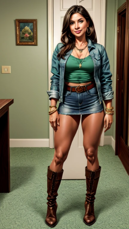 1woman 35 year old, solo,full body,feet touching the floor,straight hair,looking at viewer, detailed eyes, shy smile,jewelry, medium breasts, earrings,belt, blue denim jacket over tight green t-shirt,mini skirt,sheer tan pantyhose,fringed boots, necklace, bracelet, lips