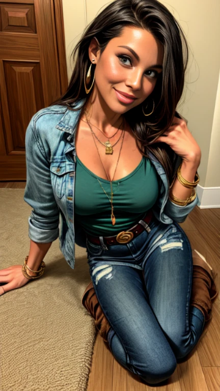 1woman 35 year old, solo,full body,feet touching the floor,straight hair,looking at viewer, detailed eyes, shy smile,jewelry, medium breasts, earrings,belt, blue denim jacket over tight green t-shirt,mini skirt,sheer tan pantyhose,fringed boots, necklace, bracelet, lips