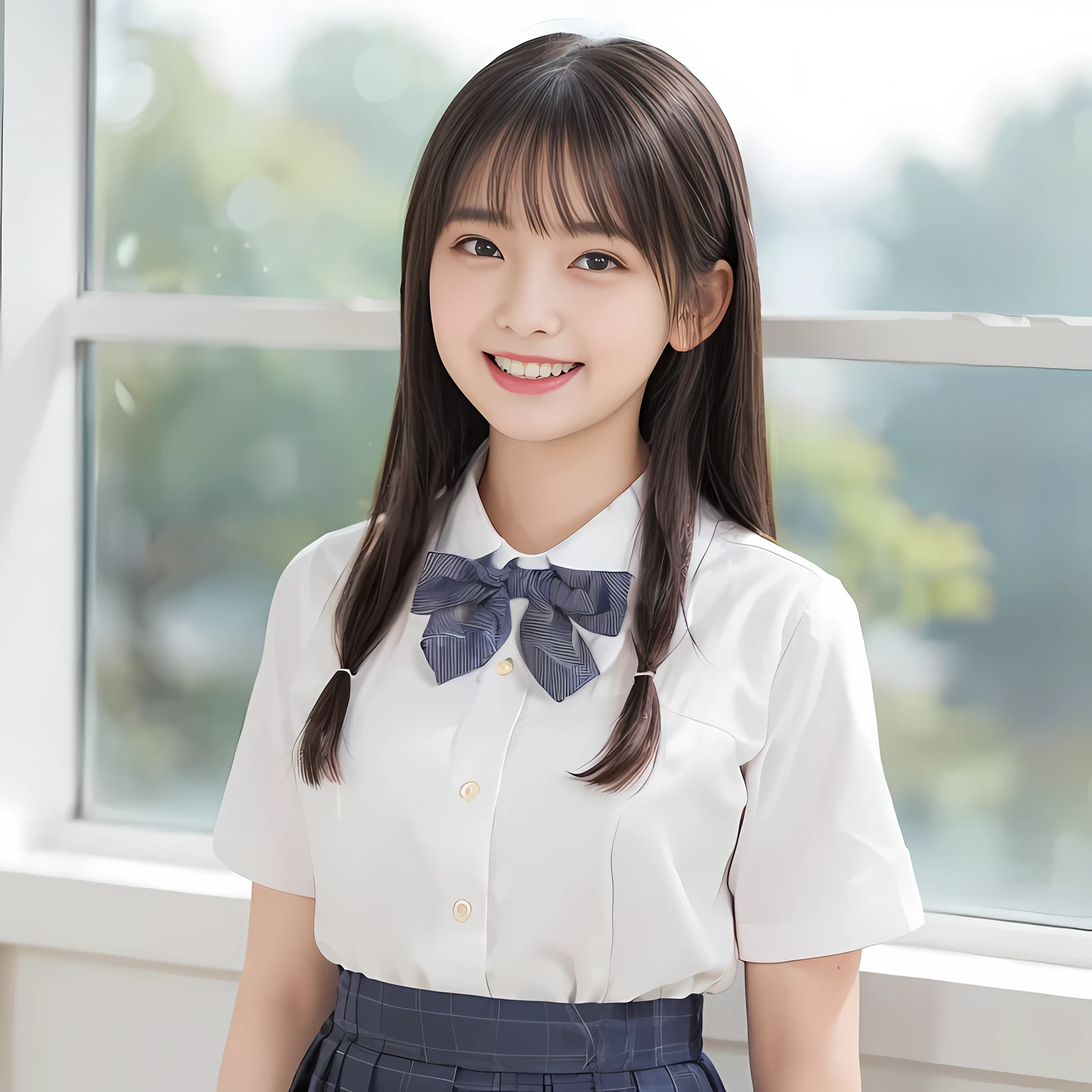 (highest quality、masterpiece:1.2)、highest quality、Realistic、photograph、High resolution、1080p、8K、Fair skin, especially face, Physical Rendering、((Height: 155cm)), one Japanese girl、((((((15 year old beautiful Japanese fashion model)))))), school summer uniform, ((((A beautiful girl in a deep window turns to the side and looks at the viewer)))), (((big very detailed beautiful dark brown eyes))), ((((impressive plain navy large school ribbon bow tie)))), ((((black very beautiful and very very long braids)))), ((((cute gray box-pleated skirt)))), ((A gray school vest)), ((ivory blouse with puffed short sleeves)), (((((((laughing at me!))))))), Mouth open, detailed fingers, ((curled bangs)), ((Very large and very very very cute eyes of a Japanese girl, drawn with great care and attention to detail.)), double eyelids, Thin eyebrows, ((drooping eyes)), (((very long eyelashes))), ((cute lovely lovely laughing laughing cheeks)), ((Pure white light hits her face from above and in the front, making her skin and eyes shine beautifully.)), ((Strong light hits the nose and cheeks、It brings out the richness of the expression.)), (((((Her facial features are very expressive lovely smile, very very pure, very very intelligent.))))), ((((On the bed)))), (((Shooting from the side)))