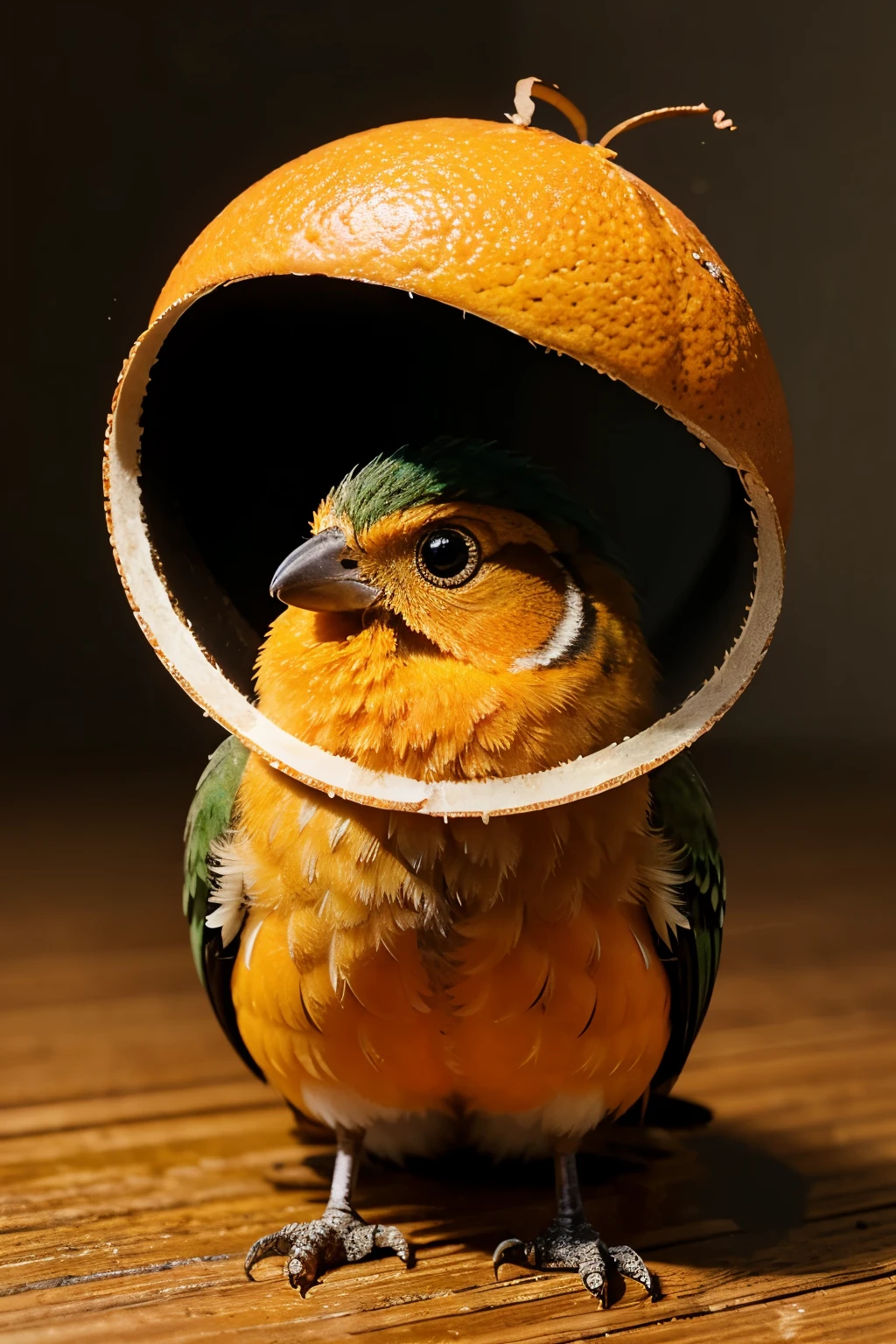 a little bird made of a fresh orange that has been cut open, photo-realistic techniques --ar 2:3 --stylize 400