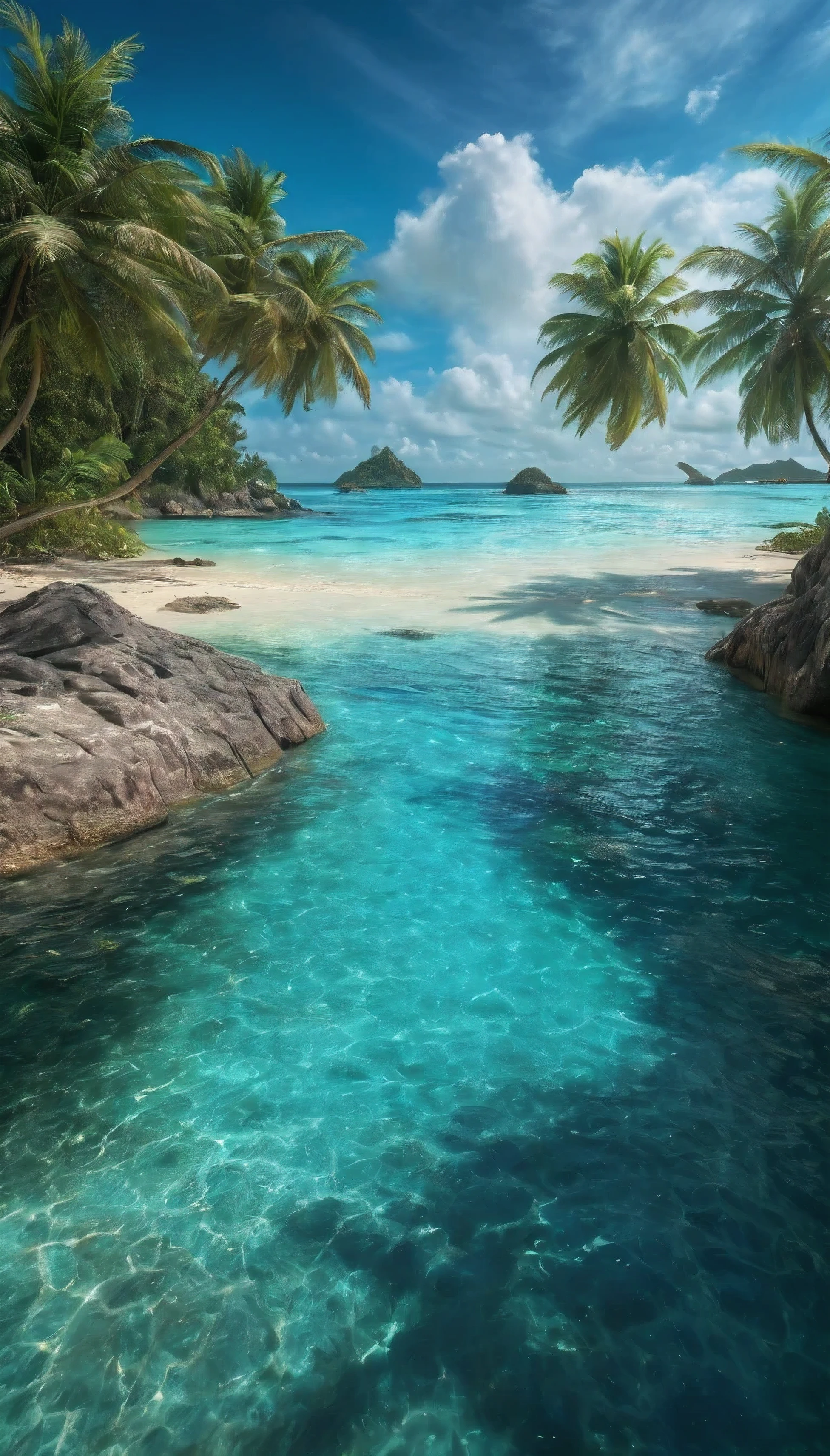  Exotic tropical island landscapes, with palm trees, sandy beaches, and turquoise waters, Ultra-HD-details, true to life, HDR image, High detail resolution, high detailed cloth, cinematic lighting, realistic, sharp focus, (very detailed), ((4K HQ)), depth of field, f/1.2, Leica, 8K HDR, High contrast, bokeh, realistic shadows, vignette, epic,, symmetric eyes, same color eyes . magnificent, celestial, ethereal, painterly, epic, majestic, magical, fantasy art, cover art, dreamy