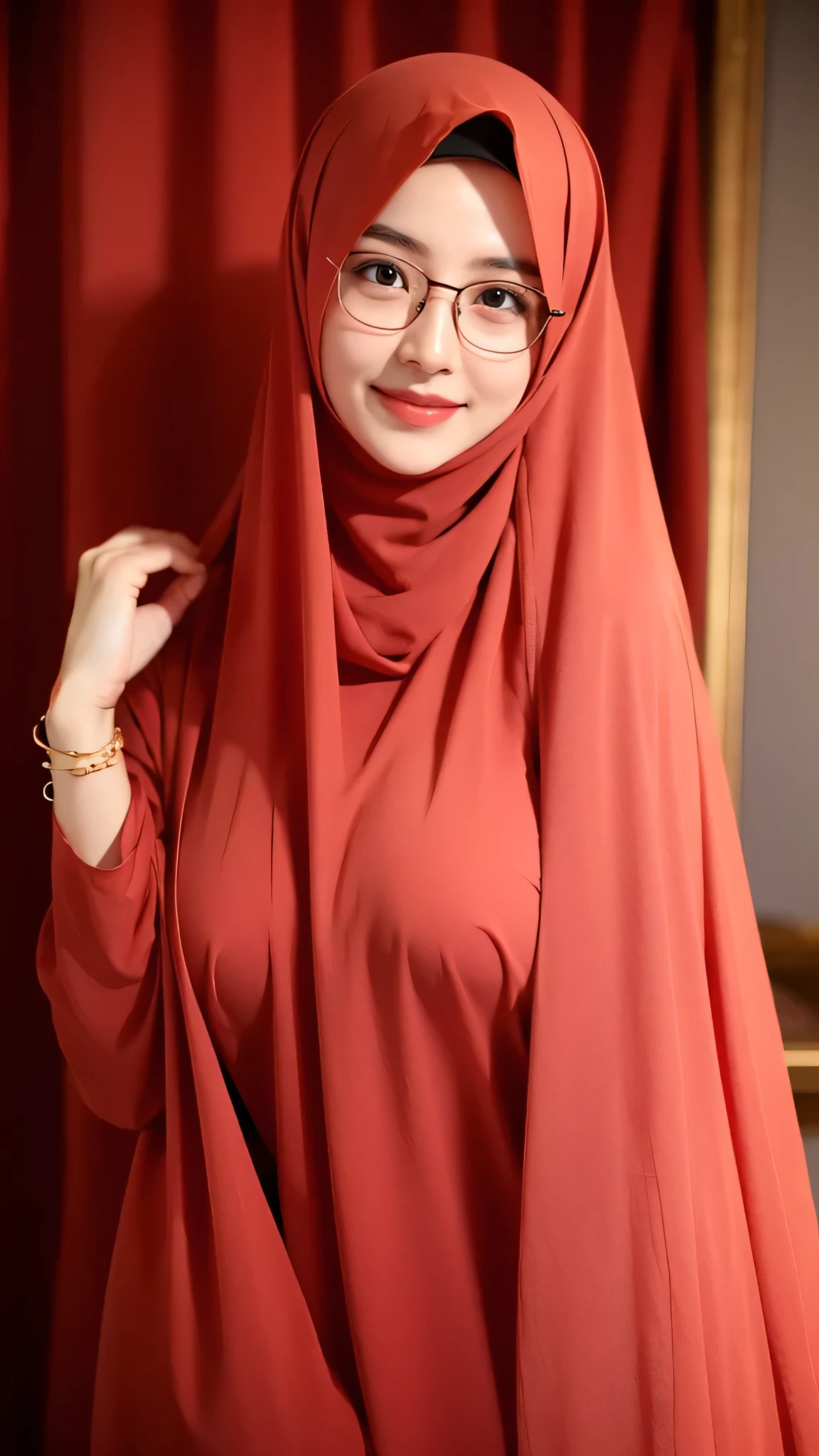 a beautiful young woman hijab, (red colour), (((big breast))), ( breast covered) perfect face, (((big breast,))), ((( Big Breast))) red long dress muslim, (((glasses, covered, long veil))), Slim Face、40 years old, (mature) , Pretty Lady, smile eyes, sleep in bedroom, stand up, (big breast covered) , see full image, bracelet