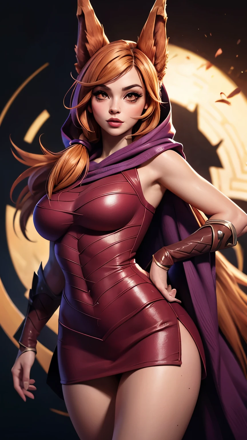 (ultra realistic,32k,RAW photo:1.1), (League of Legends), (high detailed skin:1.1), 8k uhd, ((upper body)), dslr, ((black background)), ((Animal ears)), ((orange eyes)), high quality, ((beautiful Face)), ((xayah golden hoodie)), ((xayah golden cap)), ((xayah golden clothing)), film grain, (blonde hair), (long hair), ((nose ring)), (makeup, mascara:1.1) , lips,(thick\lips\), Xayah, ((Medium Breasts)), ((Standing)), ((sexy pose)),