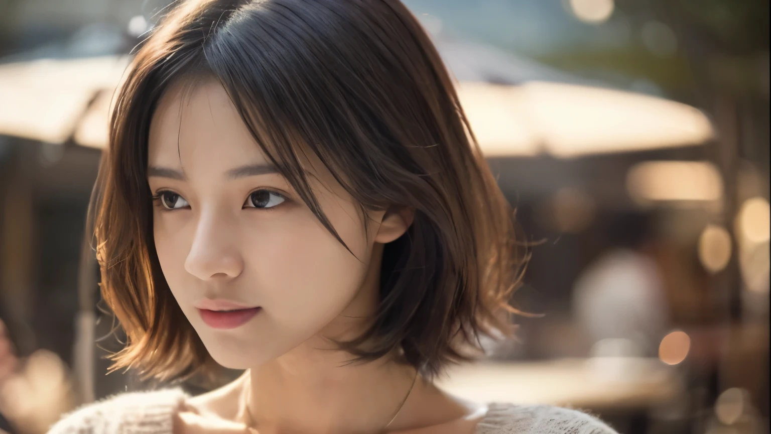 (highest quality、8k、32k、masterpiece、Hmph:1.2)、cute日本人女性の写真、very short bob hair、Upper Body、Surface Focus、Extra Large_sweater、necklace、Cafe Background、Search for viewers x4、(8k、RAW Photos、highest quality、masterpiece:1.2)、(Realistic、Photorealistic:1.37)、1 girl、cute、Professional Lighting、Photon Mapping、Physically Based Rendering、Gradient brunette hair、Short Curly Hair、good looking、Excellent image quality、High resolution、1080p、(Beautiful face)、(Detailed facial depiction)、(Detailed Hand Explanation)、(Masseter muscle area)、(Detailed CG)、 Extreme light and shadow、Dirty hair、masterpiece、Rich details、(exquisite features)、(Best image quality)、(masterpiece)、(Detailed eyes)、Delicate clavicle、Various poses、Don'Don't look at the camera、profile、Photo taken in a stylish cafe、Spring Clothes、simple necklace、knit,