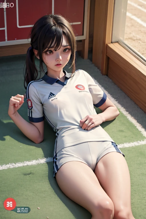 3D illustration、Wearing a soccer uniform with an embroidered logo、 girl with small breasts、Sweaty and looking happy、Her nipples are visible and protruding、Lying on the bed、Low - Angle、The uniform has an embroidered logo、indoor、