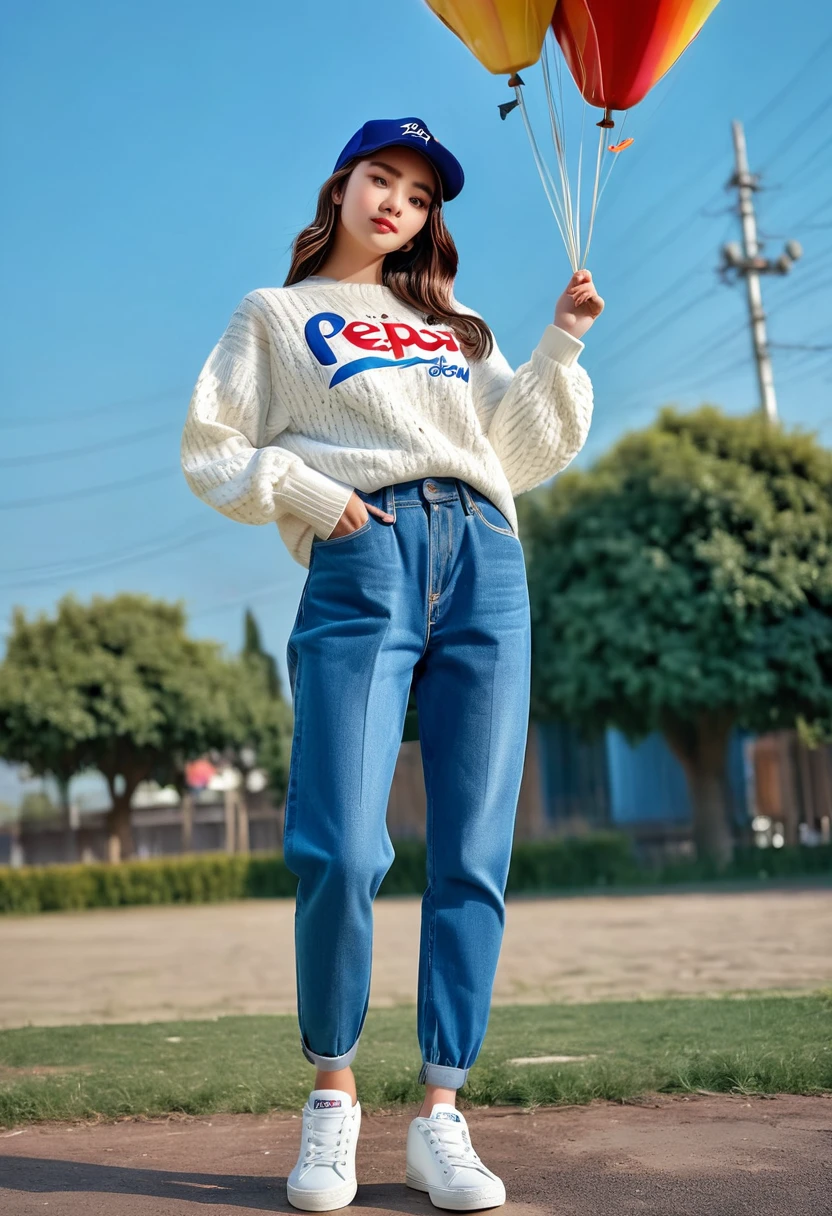 (((RAW image quality: 1.4))), highest quality, very high resolution, (realistic: 1.4), Wearing a long-sleeved sweater with the latest trend motif that says "PEPSI" jeans and spring-style sneakers、photo of a young girl who active, standing, medium breasts, full body shot, baseball cap, random poses, playground background, recreation, lots of hot air balloons, outdoors
