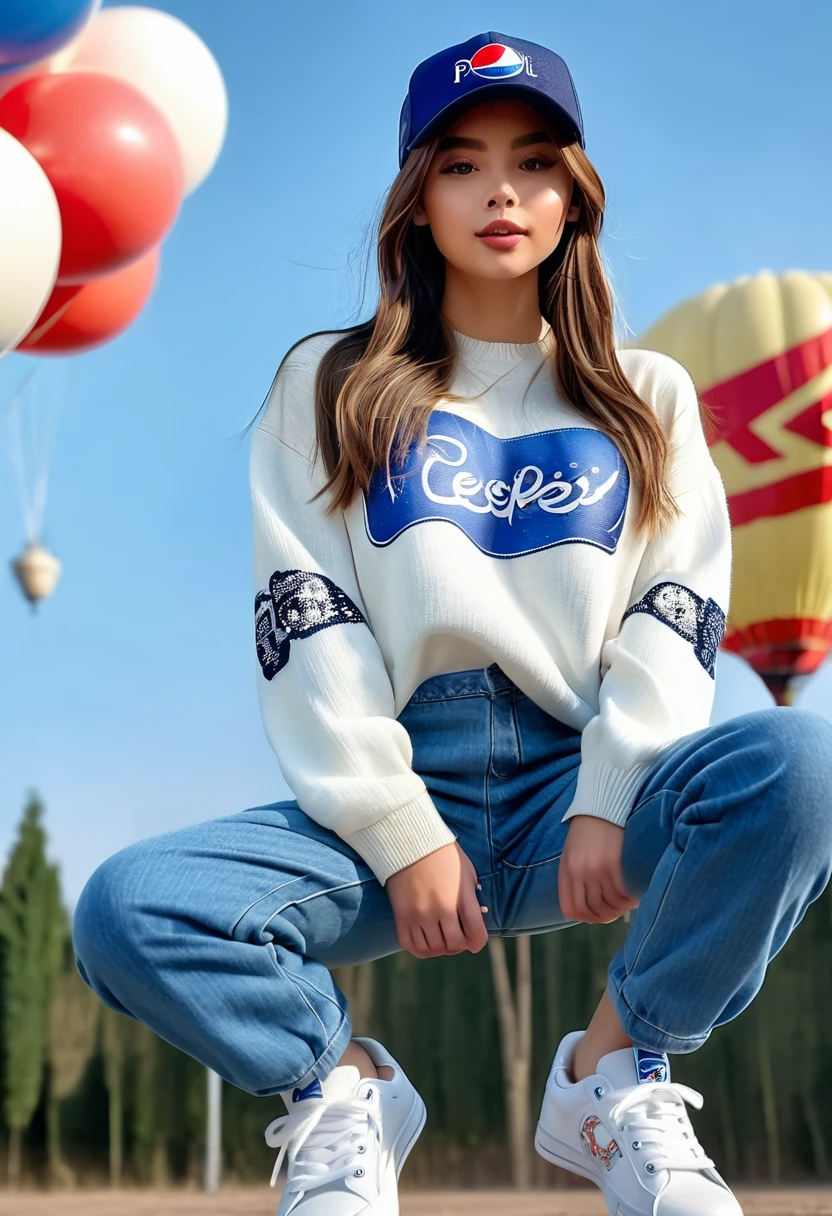 (((RAW image quality: 1.4))), highest quality, very high resolution, (realistic: 1.4), Wearing a long-sleeved sweater with the latest trend motif that says "PEPSI" jeans and spring-style sneakers、photo of a young girl who active, standing, medium breasts, full body shot, baseball cap, random poses, playground background, recreation, lots of hot air balloons, outdoors
