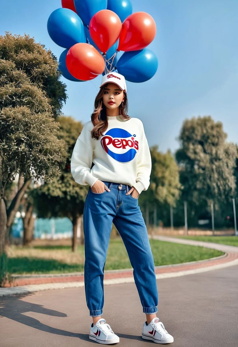 (((RAW image quality: 1.4))), highest quality, very high resolution, (realistic: 1.4), Wearing a long-sleeved sweater with the latest trend motif that says "PEPSI" jeans and spring-style sneakers、photo of a young girl who active, standing, medium breasts, full body shot, baseball cap, random poses, playground background, recreation, lots of hot air balloons, outdoors