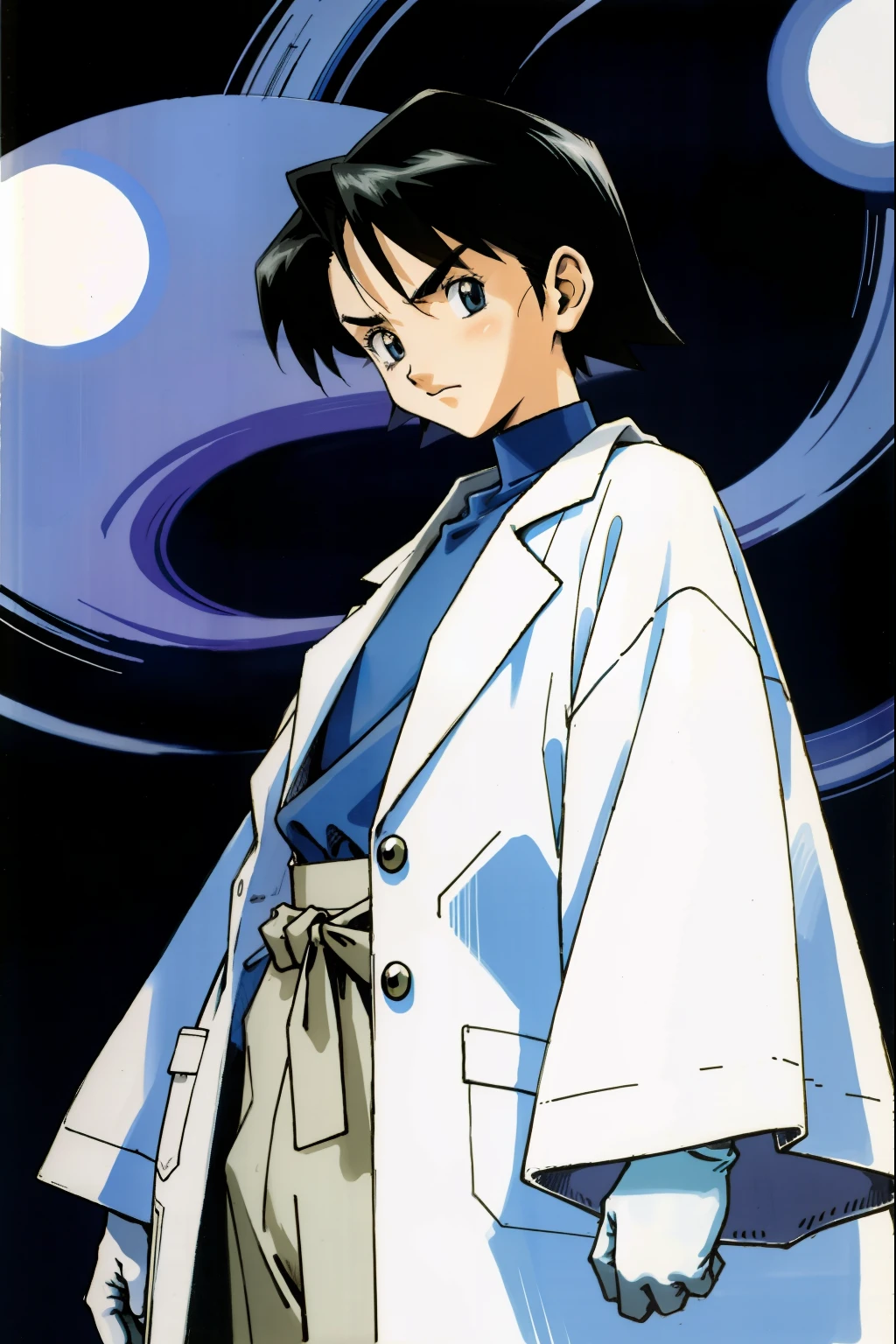 by Ken Sugimori, sugimori 1990s, ((only 1woman)), older man, scientist, scowling, white labcoat, laboratory in background ((hands behind their back)), full black pupils, manga, best quality, highly detailed, clean lines, cowboy shot, good hands, good eyes, hd, 8k, professional, symmetrical, hires, 8k,