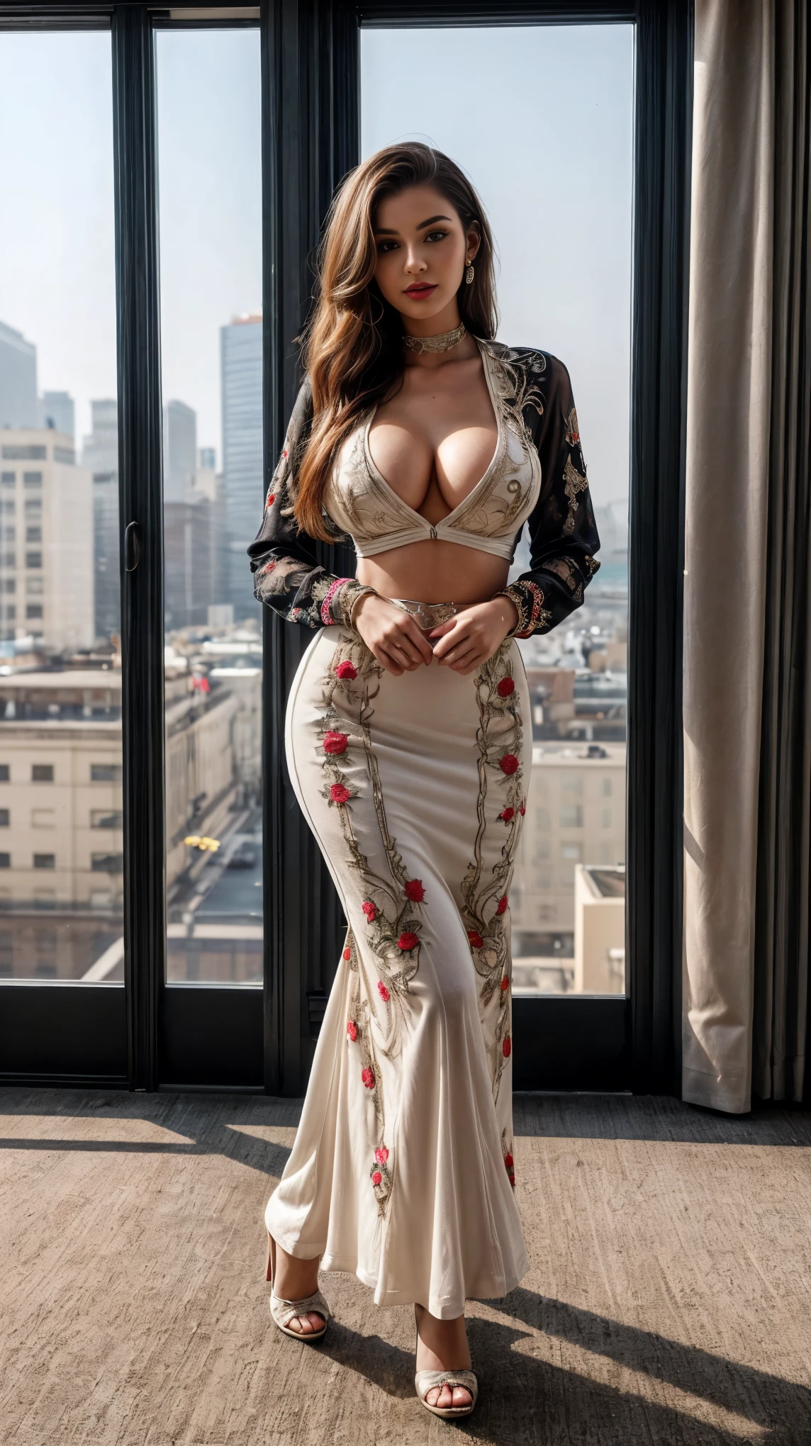 (girl in office room, luxurious room, beautiful natural lightings), 1girl, solo girl, 20 year old girl, ((full body shot:1.5)), (Masterpiece:1.5), (hyperrealistic, hyperdetailed:1.1), (looking at viewers, front view, looking at camera), sharpen, fair face, ultra realistic face, detailed face, detailed eyes, detailed lips, red lips, beautiful face, 16k, FHD, raw photo, pretty face, smooth skin, realistic face, glow lip, very_high_resolution, perfect figure, fit body, attractive hair style, fancy hair ornaments, (natural sagging breasts, perfect perky breast, perfect rounded breasts), (clevage), (fancy high heel),
(Fancy maxi, beautiful maxi, long sleeve, fancy sleeve, fancy neck, (embroidery flared maxi), (masterpiece maxi), ((flared maxi))), ((red Fancy maxi), bodycon maxi, flared maxi, bottom embroidery of maxi, (bottom flared of maxi), (fancy bodycon blouse, long sleeves, skinny blouse, embroidery blouse)) ,