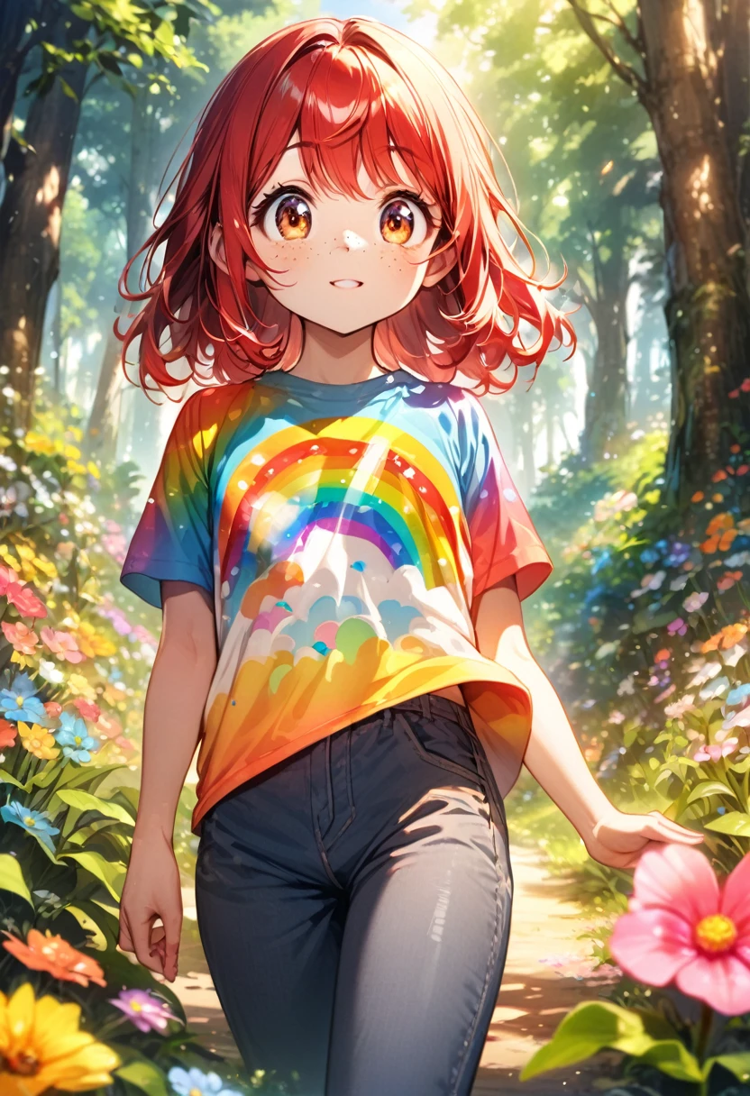 outdoors, young girl(red hair, freckles, big eyes, rainbow t-shirt, pants), forest, spring, sunny, flowers