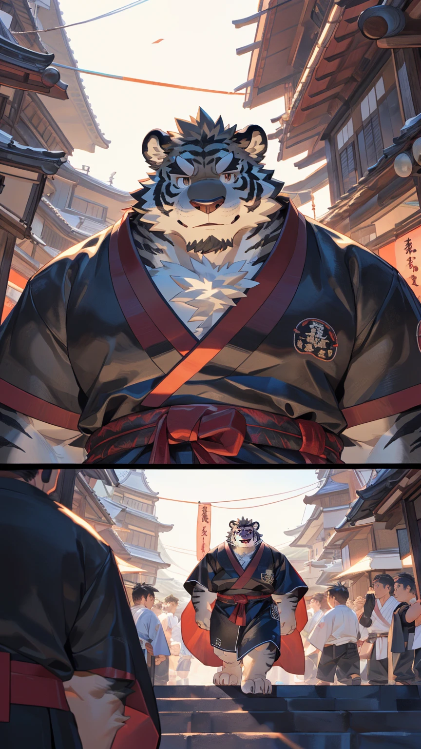 Solitary, ((Fluffy fur, Fluffy, hairy body)), detailed Fluffy fur, Delicate face, delicate Eye, Dynamic poses, (Ultra Detailed), Sharp focus, Keikichi, Eye, hairy, (Gray black fur:1.5), White beard, human nature (black tiger), male, middle aged, White belly, (((muscular))), (endomorph body type:0.5), Not too fat, rest ((Samurai Costume, red cherry long cloak,Japanese clothing)), ultra Delicate face, High Detail, high quality, (best quality,4K,8k,high resolution,masterpiece:1.2), (close up:1.3), author:Takemoto Arashi, From kulplant, author:empty ghost, From raccoon21, Dynamic Lighting, Smile, (whole body:1.4), Looking at the audience, Everlasting, close up肖像, indoorhigh resolution, Hold your belly with your hands, Bracelet, Detailed hands,Japan Summer Day Festival