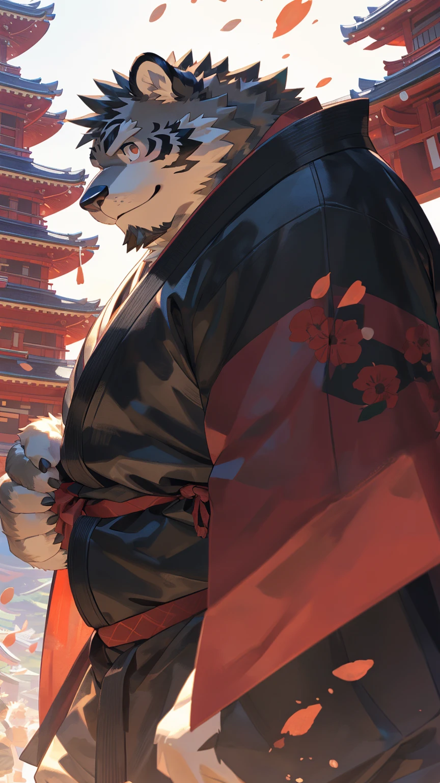 Solitary, ((Fluffy fur, Fluffy, hairy body)), detailed Fluffy fur, Delicate face, delicate Eye, Dynamic poses, (Ultra Detailed), Sharp focus, Keikichi, Eye, hairy, (Gray black fur:1.5), White beard, human nature (black tiger), male, middle aged, White belly, (((muscular))), (endomorph body type:0.5), Not too fat, rest ((Samurai Costume, red cherry long cloak,Japanese clothing)), ultra Delicate face, High Detail, high quality, (best quality,4K,8k,high resolution,masterpiece:1.2), (close up:1.3), author:Takemoto Arashi, From kulplant, author:empty ghost, From raccoon21, Dynamic Lighting, Smile, (whole body:1.4), Looking at the audience, Everlasting, close up肖像, indoorhigh resolution, Hold your belly with your hands, Bracelet, Detailed hands,Japan Summer Day Festival