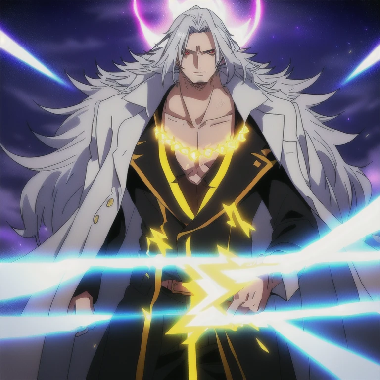 Highest quality, finely crafted lighting, young adult male, long back hair, multicolored gray hair, hair in stirs, highlighted red eyes, night environment, lightning, sky with rays, divine style clothes, gold necklaces, white overcoat, gold rings, left eye tattoo