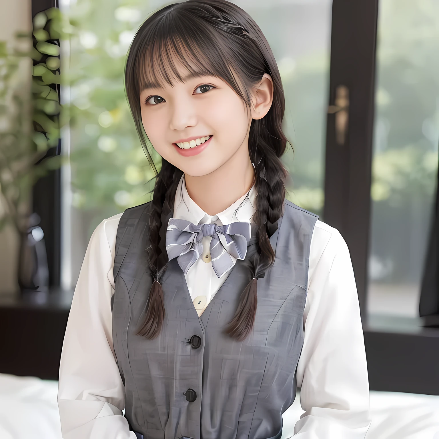 (highest quality、masterpiece:1.2)、highest quality、Realistic、photograph、High resolution、1080p、8K、Fair skin, especially face, Physical Rendering、((Height: 155cm)), one Japanese girl、((((((15 year old beautiful Japanese fashion model)))))), school summer uniform, ((((A beautiful girl in a deep window turns to the side and looks at the viewer)))), (((big very detailed beautiful dark brown eyes))), ((((impressive plain navy large school ribbon bow tie)))), ((((((black very beautiful and very very long braids)))))), ((((cute gray box-pleated skirt)))), (((((A gray school vest))))), ((ivory blouse with puffed short sleeves)), (((((((laughing at me!))))))), Mouth open, detailed fingers, ((curled bangs)), ((Very large and very very very cute eyes of a Japanese girl, drawn with great care and attention to detail.)), double eyelids, Thin eyebrows, ((drooping eyes)), (((very long eyelashes))), ((cute lovely lovely laughing laughing cheeks)), ((Pure white light hits her face from above and in the front, making her skin and eyes shine beautifully.)), ((Strong light hits the nose and cheeks、It brings out the richness of the expression.)), (((((Her facial features are very expressive lovely smile, very very pure, very very intelligent.))))), ((((On the bed)))), (((Shooting from the side)))