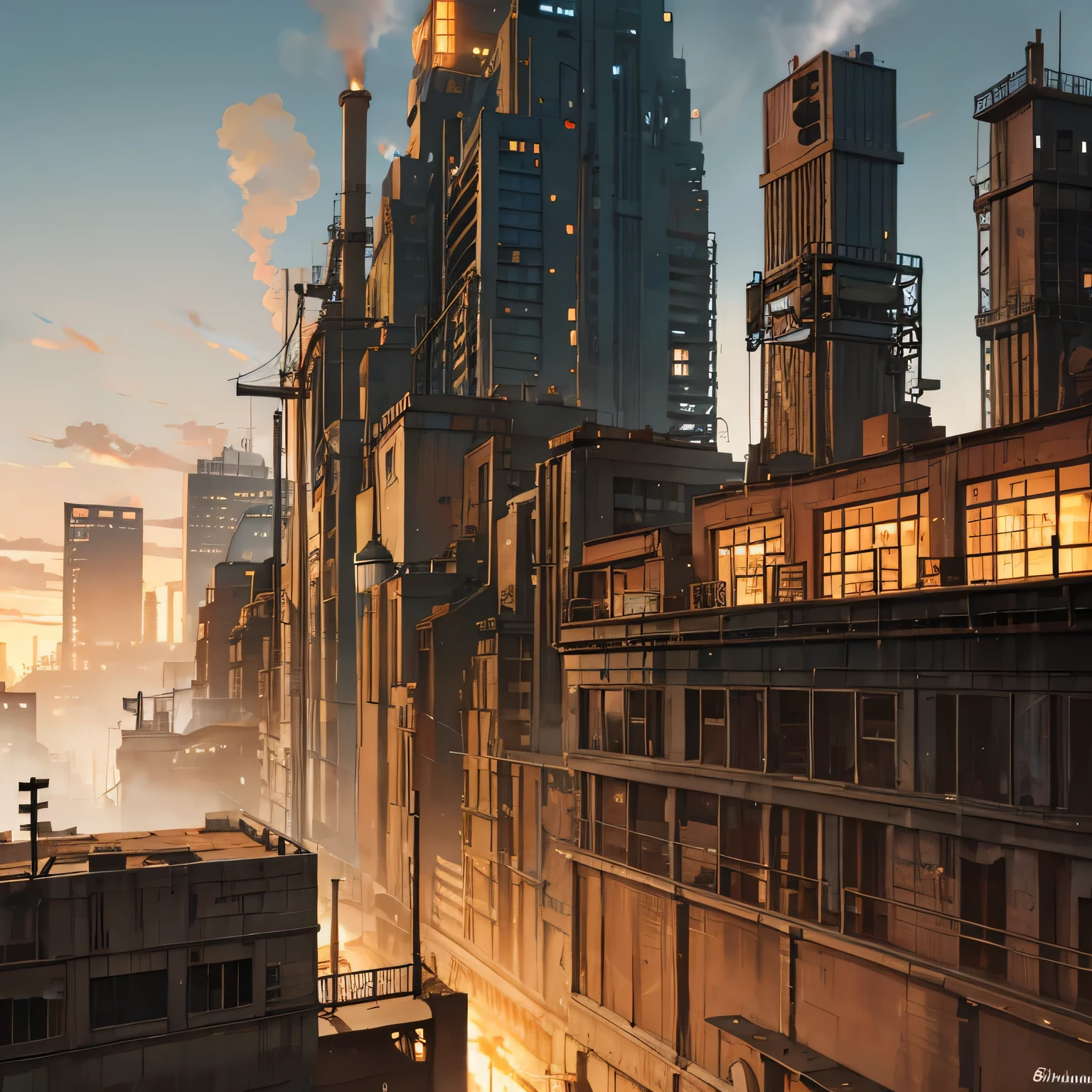 industrial city, surround by wall, steampunk, rusty and heavy, smoke, chimney, factories, gears, Cowboys machine, tall buildings, towers, steam power, steam pipes, streetlights, (cinematic lighting:0.8, super detail, bloom)