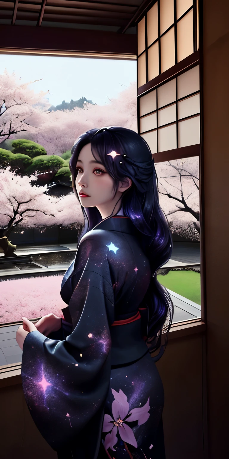 Detailed and beautiful profile, Adult woman with very long hair, Wearing red kimono, Back view, Long black hair and the void universe, Cherry tree, Japanese garden in spring, A room with tatami mats, Woman staring at cherry blossoms, Void cosmic in hair, Outside the window, the blue sky spreads out, Long hair like Rapunzel, oil, Galaxy in your hair, , , , , , , , , , , , , , , , , , ,