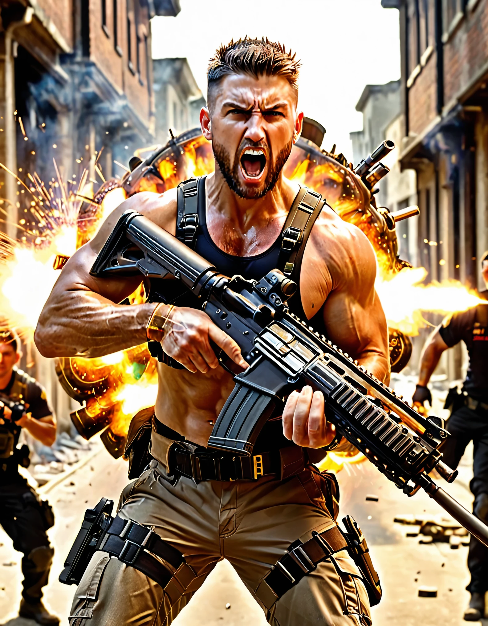 1boy, 1man, abs, (gun, weapon, using an assault rifle, firing, muzzle flash, shell casings, ejecting shell cases), bara, bare pectorals, bare shoulders, beard, biceps, blurry, blurry background, blurry foreground, brown hair, hazel eyes, chest harness, embers, explosion, facial hair, fire, harness, large pectorals, male focus, mature male, muscular, muscular male, pectorals, serious, angry, scar, scar on face, short hair, crew cut, spiky hair, solo, stubble, thighs, veins.