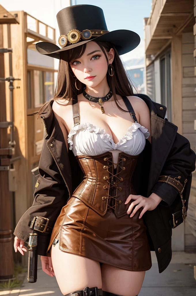 (masterpiece, best quality:1.1),
(8k, best quality, masterpiece, ultra highres, ultra-detailed:1.2),a girl,cute,yo,steampunk fashion,gothic Steampunk hat,goggle,corset jumper skirt(brown),platform cowboy boots, eyes with large brown irises,small mouth, smile,she points Steampunk pistol at viewer,combine Western elements with advanced technology,steam technology, (steampunk),Late 19th century American West,beautiful lighting, volumetric lighting, dynamic angle, looking at viewer, (photographic portrait), sharp,