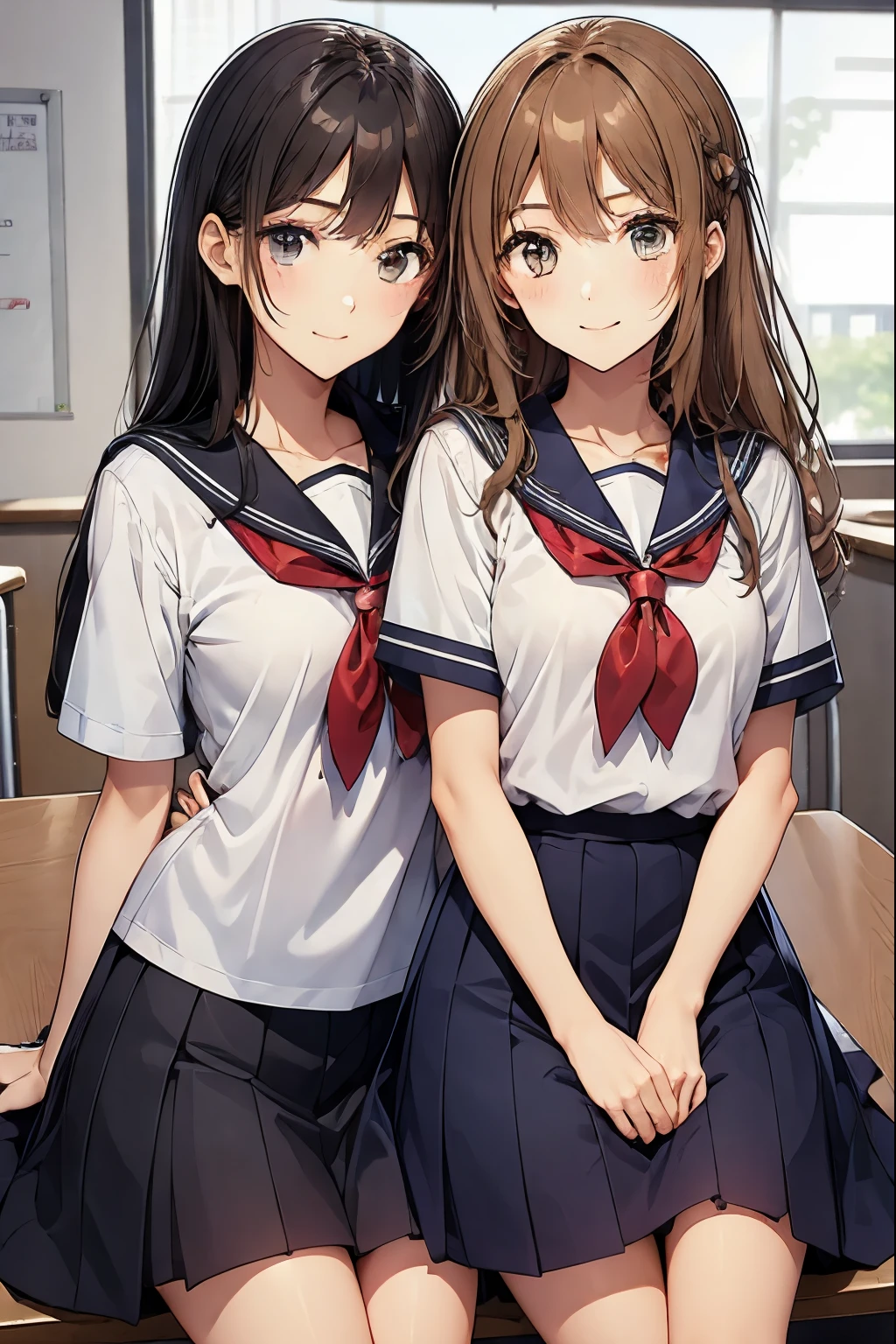 School classroom、A high school girl sitting and another high school girl hugging her from behind、seductive smile、