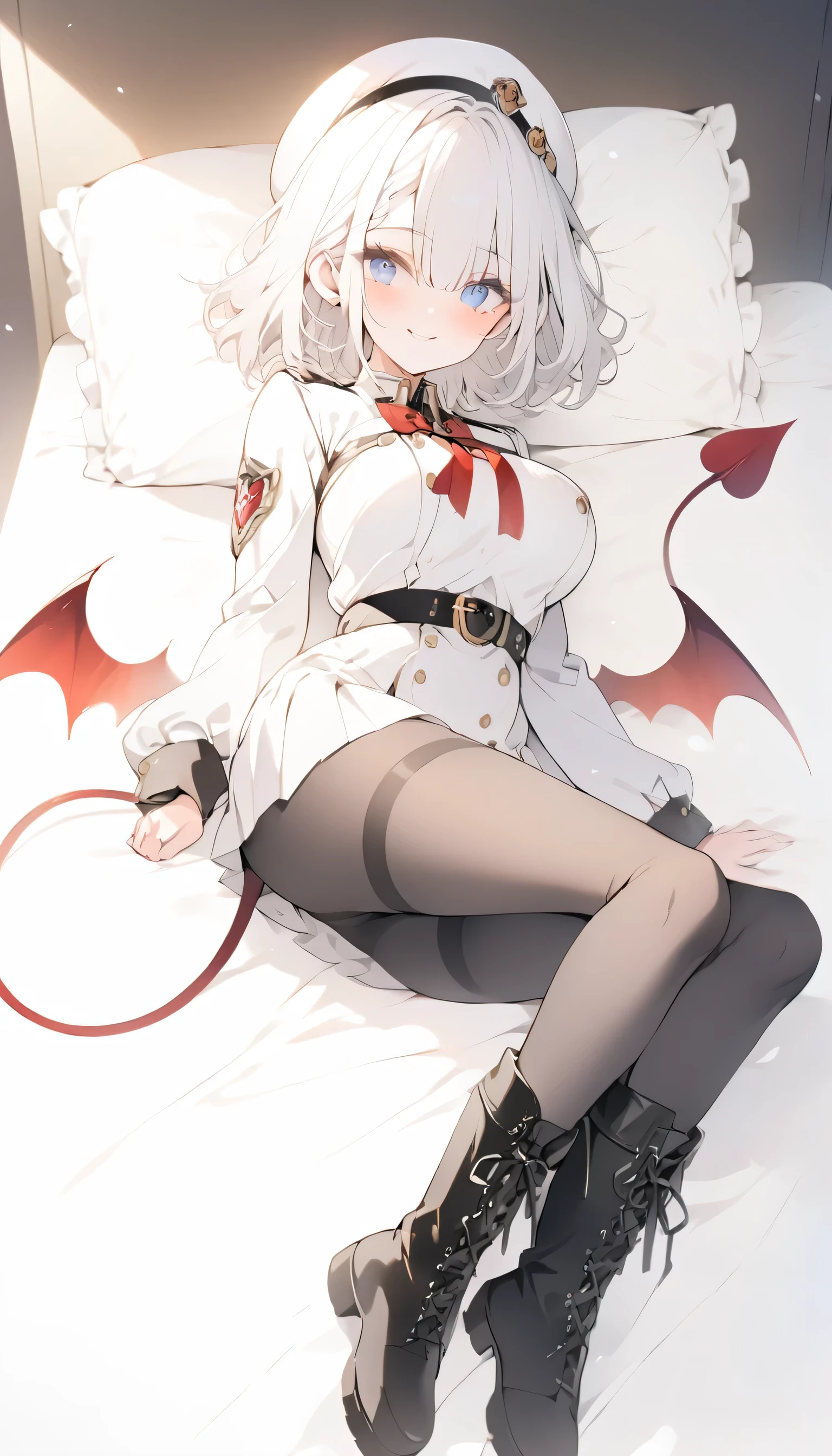highest quality)), ((masterpiece)),Perfect Face((highest quality))cute,beautiful girl,Pure white hair,bangs,Medium Hair、blue eyes.Alone,smile,Cute, Short Hair、Beautiful eyes,Healthy Body、Beautiful breasts、8K、wallpaper、belt、White military uniform、mini skirt、beret、Chest Band、Rib Band、tights、boots、lie on bed、Devil's Tail、devil tail