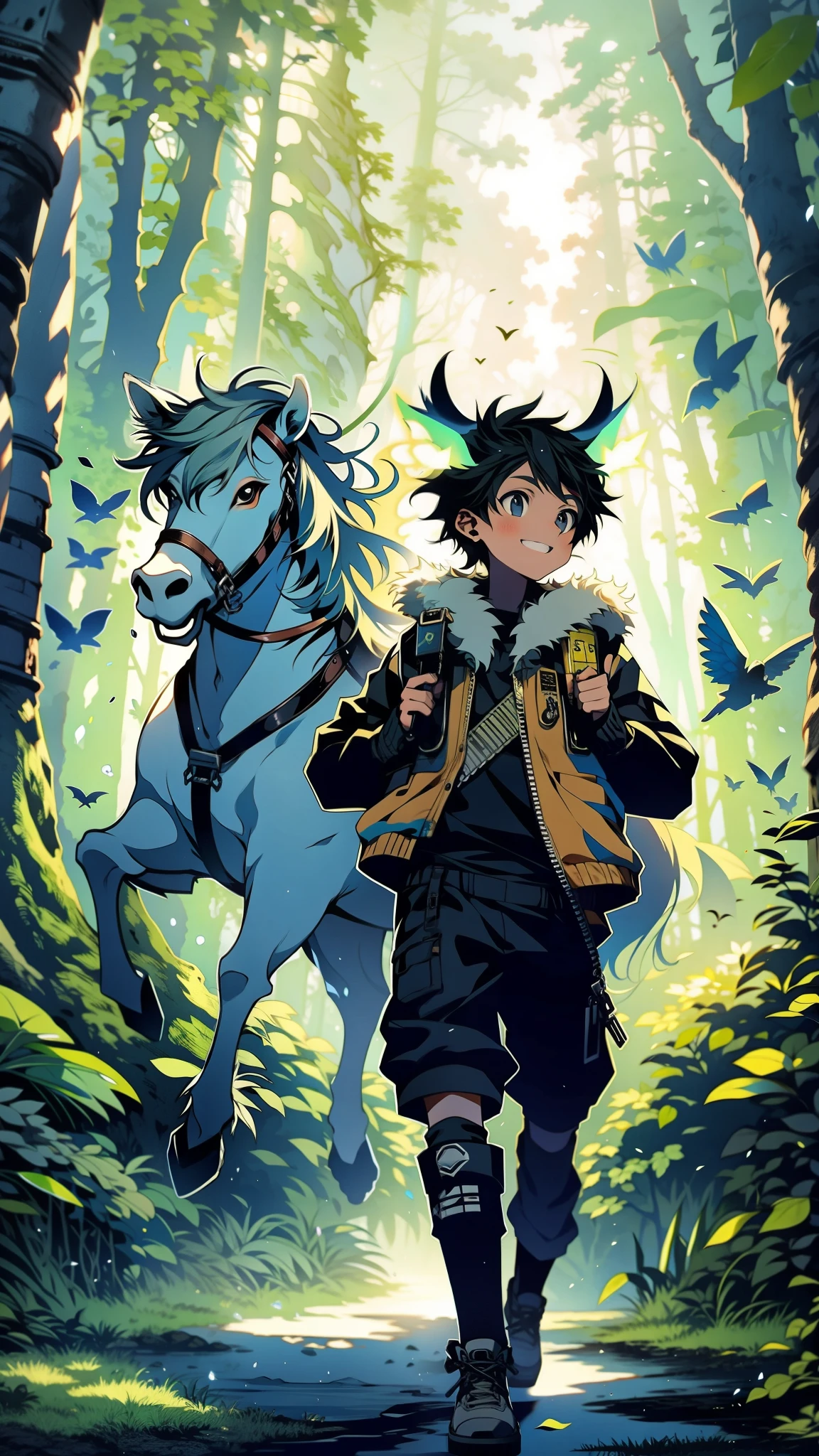 A lone boy teenager dressed in a centaur costume, beaming with excitement as they navigate through the magical atmosphere of an enchanted forest, their fur clothes blending seamlessly with the natural surroundings. style art incorporating elements of Makoto Shinkai, Studio Ghibli, Genshin Impact, James Gilleard, Greg Rutkowski, Chiho Aoshima, golden ratio composition, enhanced with pixiv Fanbox trends, acrylic palette knife textures, golden ratio, trending.