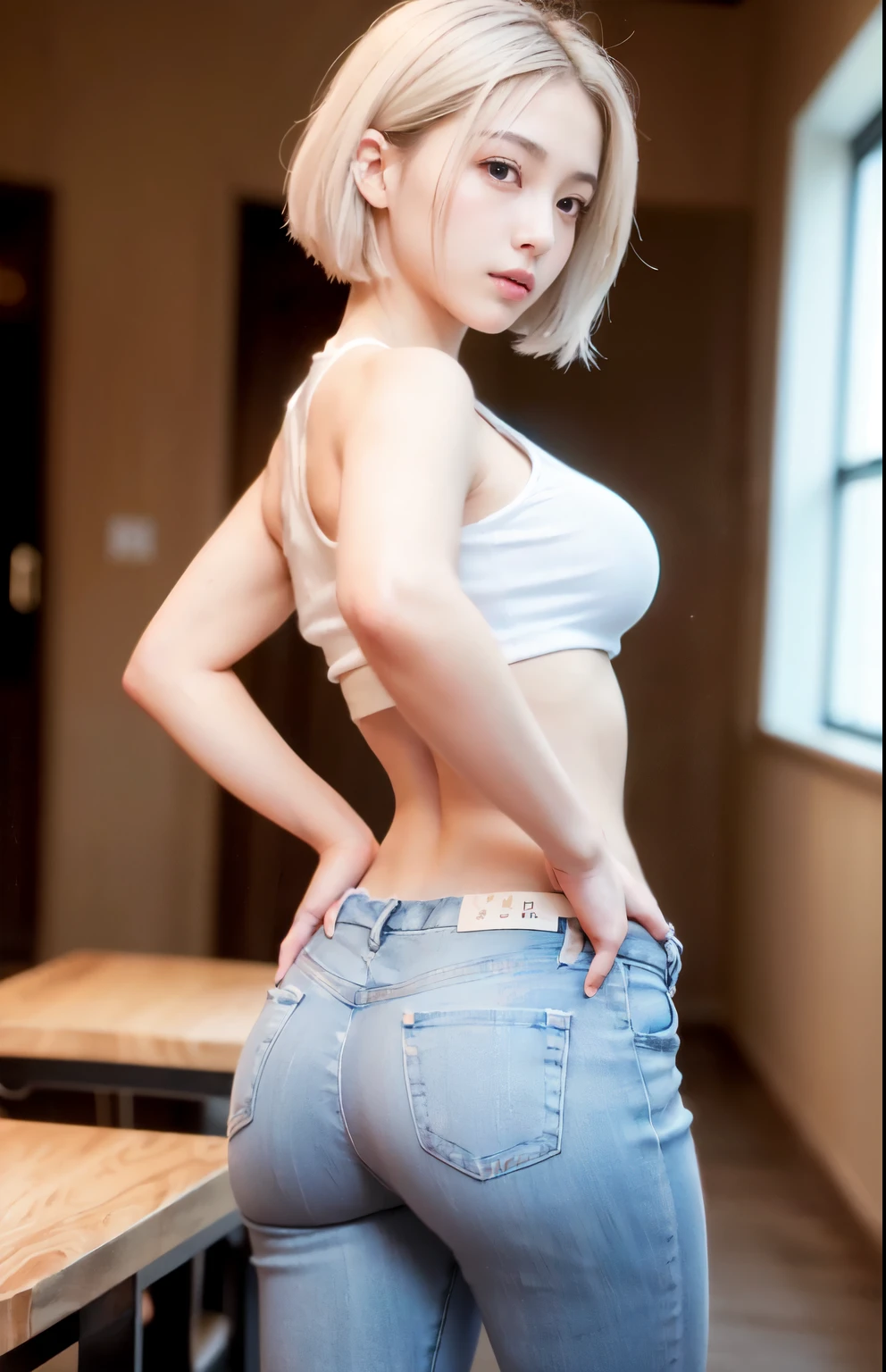 ((((Tabletop, highest quality, High resolution)))), High quality 8k, Beautiful girl with plump body, (Ultra HD, Very detailed, Very detailed, Very realistic, Surreal, Realistic photos), (1 girl:1.5), (Realistic white hair), Wavy short hair, Bobcut, (strike a dynamic pose for the camera, A light smile, Purple eyes, Detailed face, Beautiful and detailed), (White tank top, Thin material), belly button、 Tight blue jeans, Shine, Sweat, (Sunbeam, sunlight)、Abdominal muscles、Slim numbness、Plump Ass、Butt Emphasis、((Rear view))、Turning face,Big Breasts:1.5、Gray background